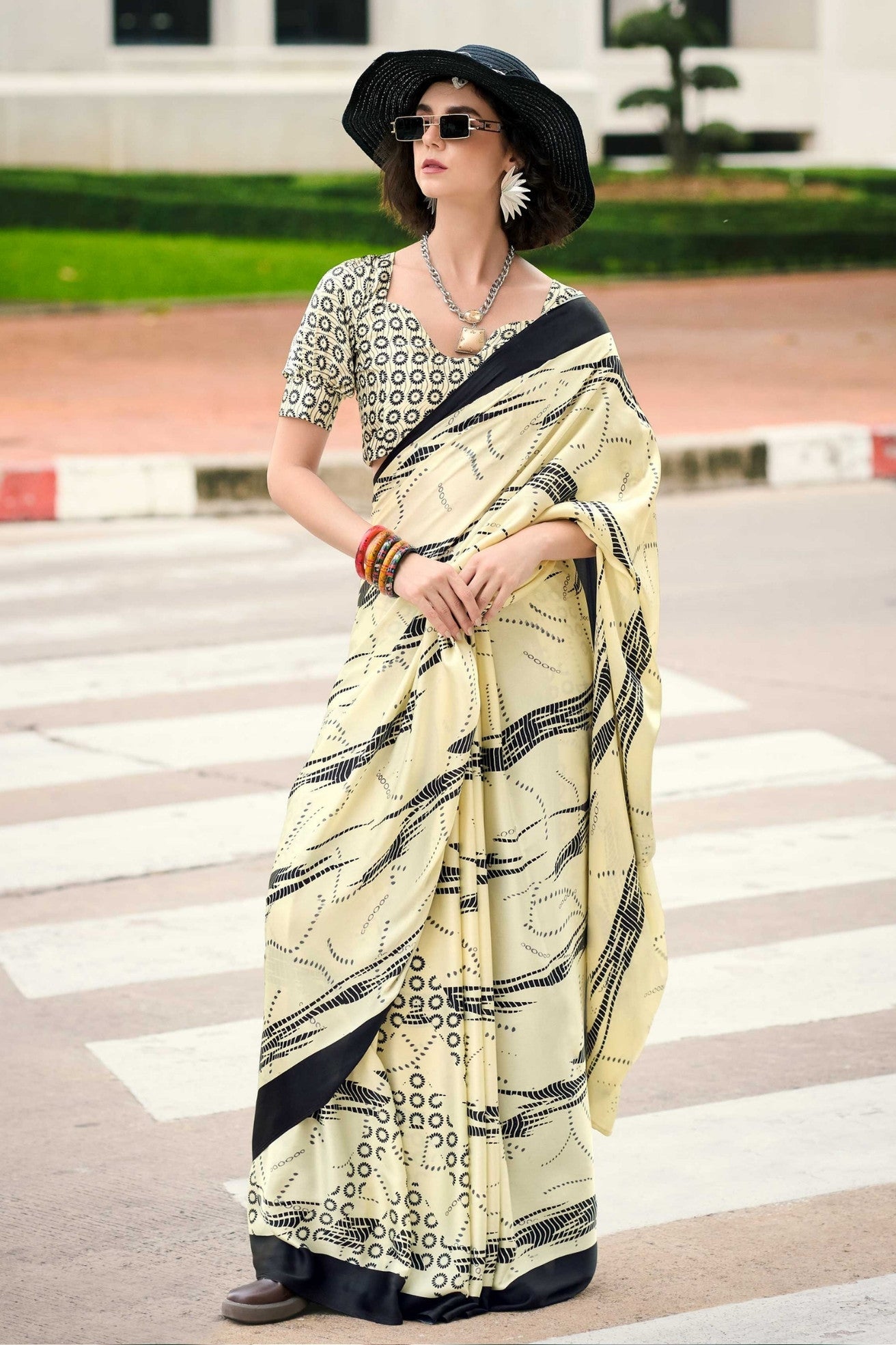 Bavarian Cream Printed Satin Crepe Saree