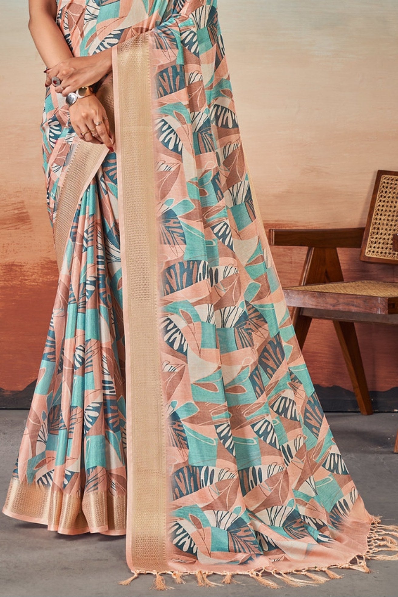 Turquoise Blue Banarasi Digital Printed Saree