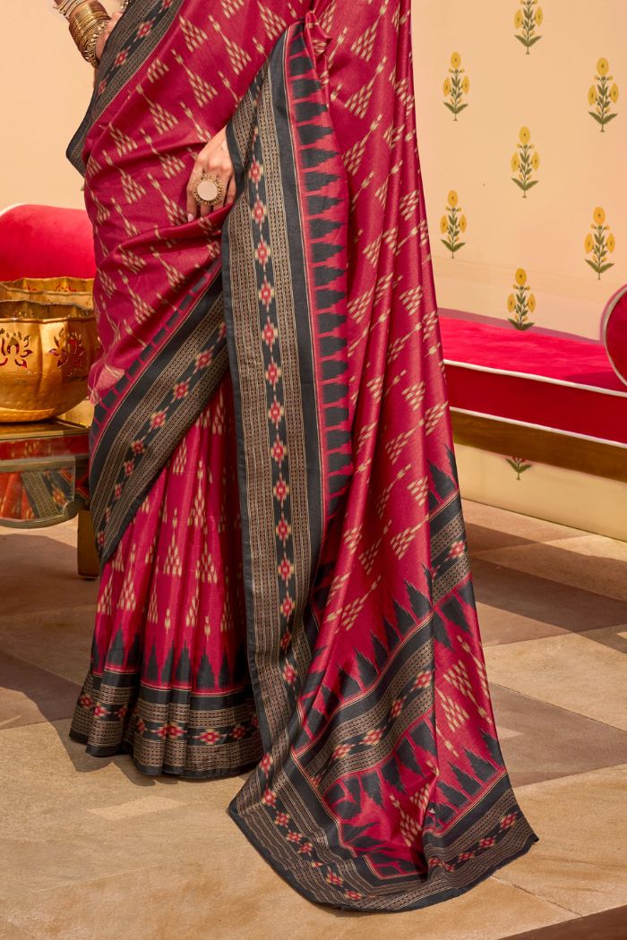 French Maroon Printed Banarasi Soft Silk Saree