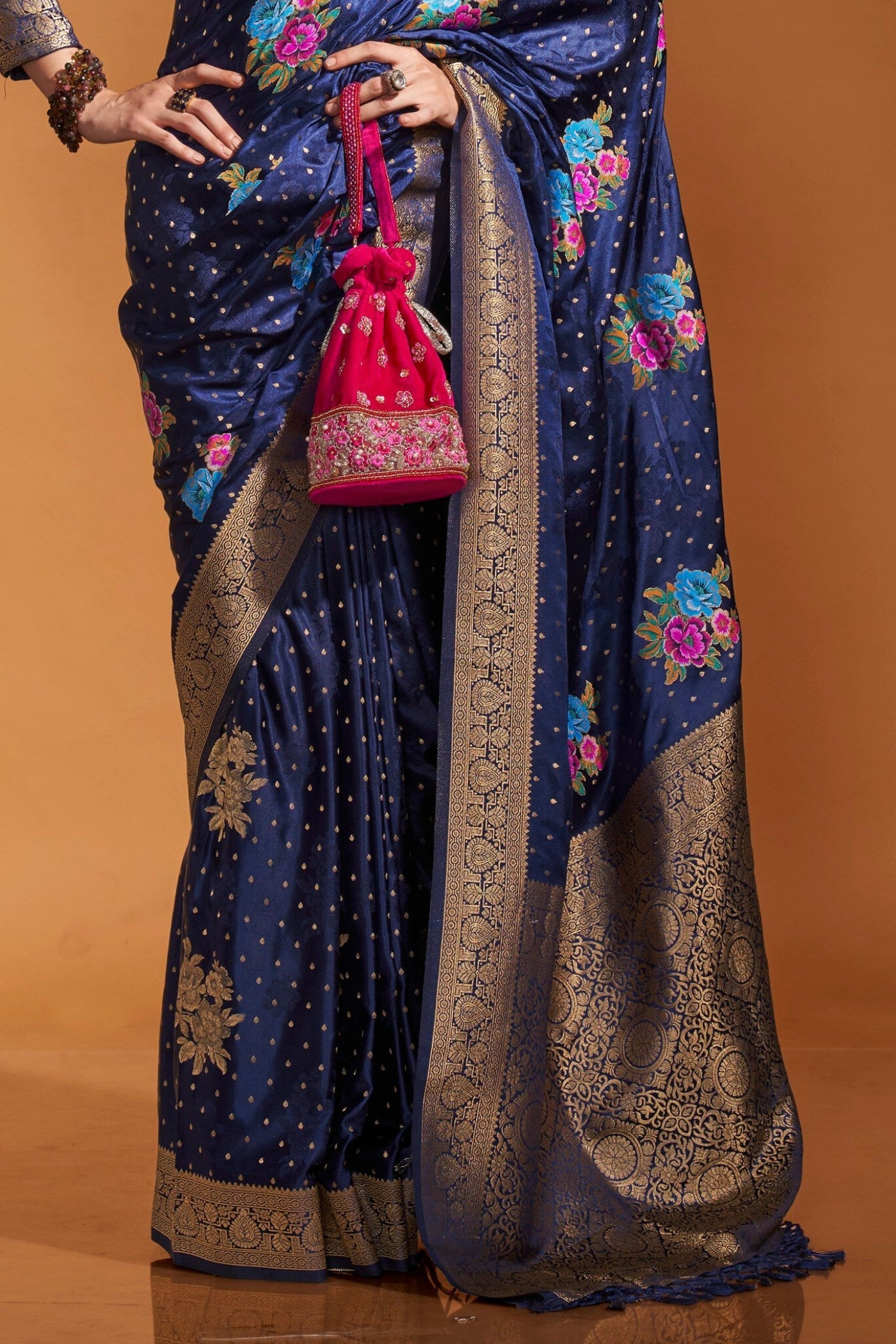 East Bay Blue Handloom Satin Silk Saree