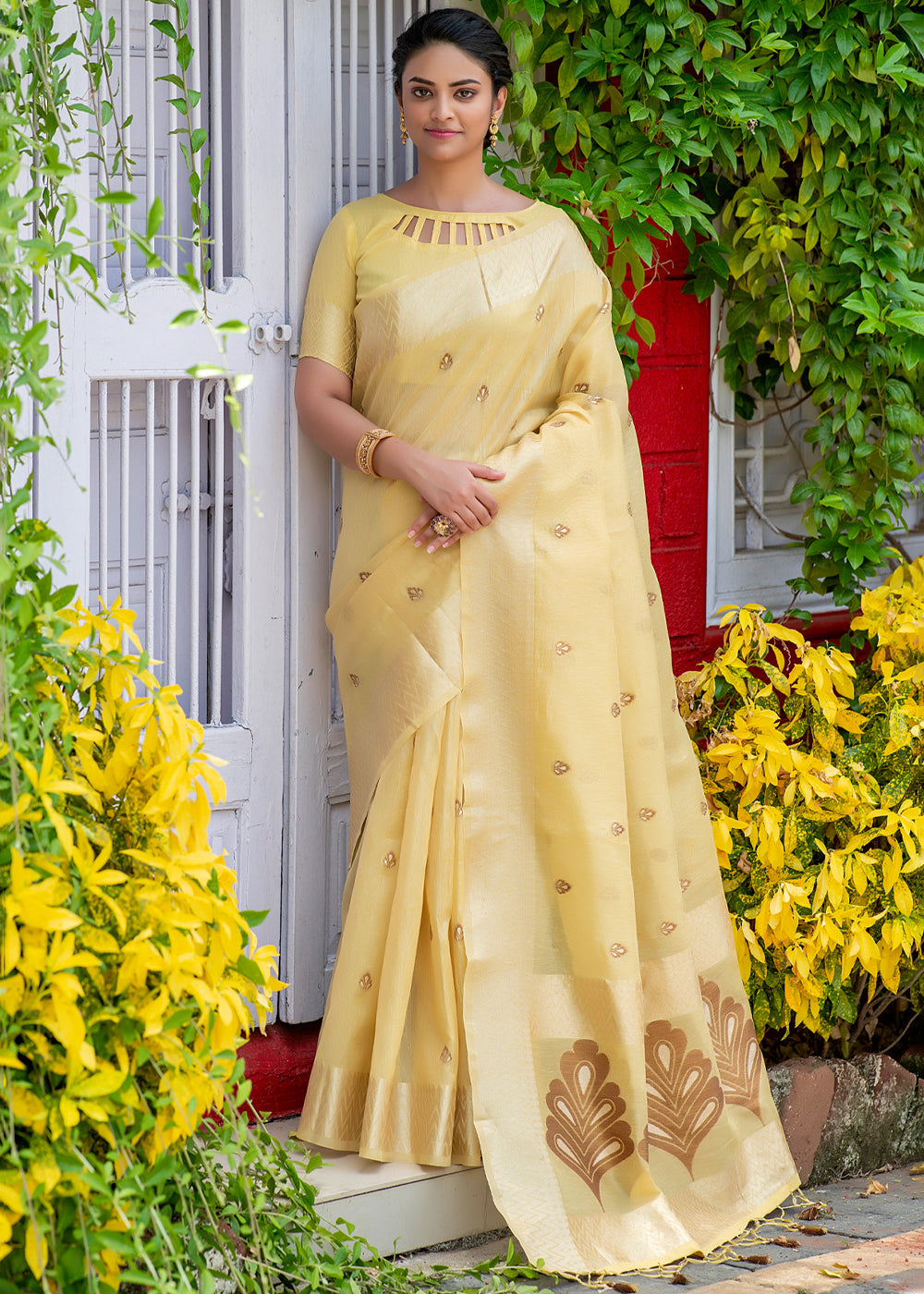 Calico Yellow Woven Banarasi Linen Silk Saree