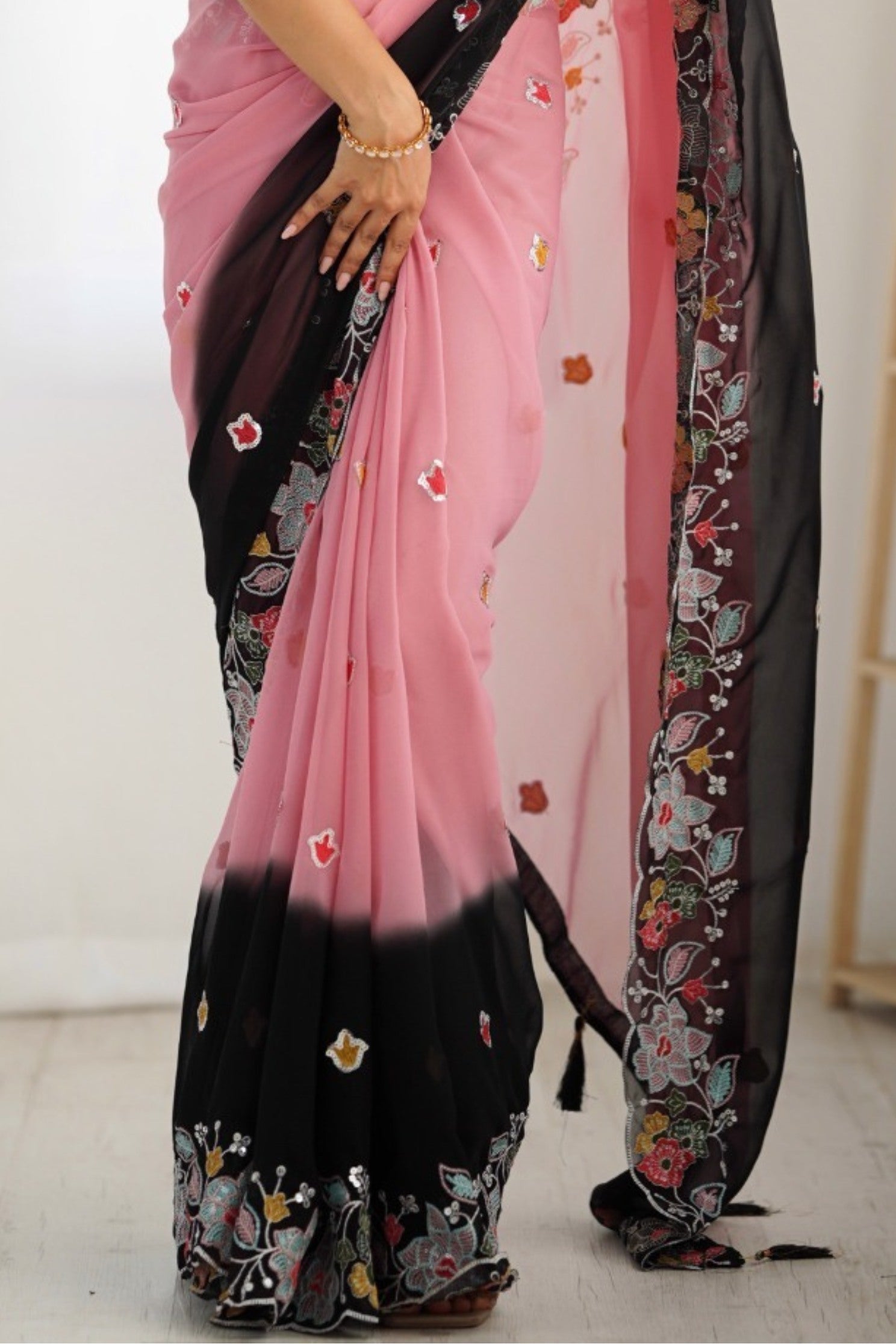 Puce Pink and Black Georgette Saree