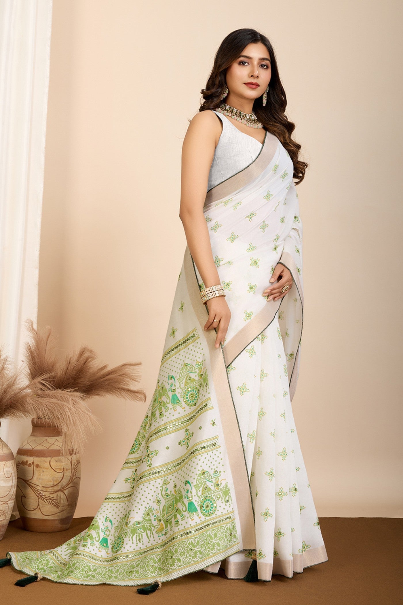 Swiss White and Green Printed Cotton Designer Saree