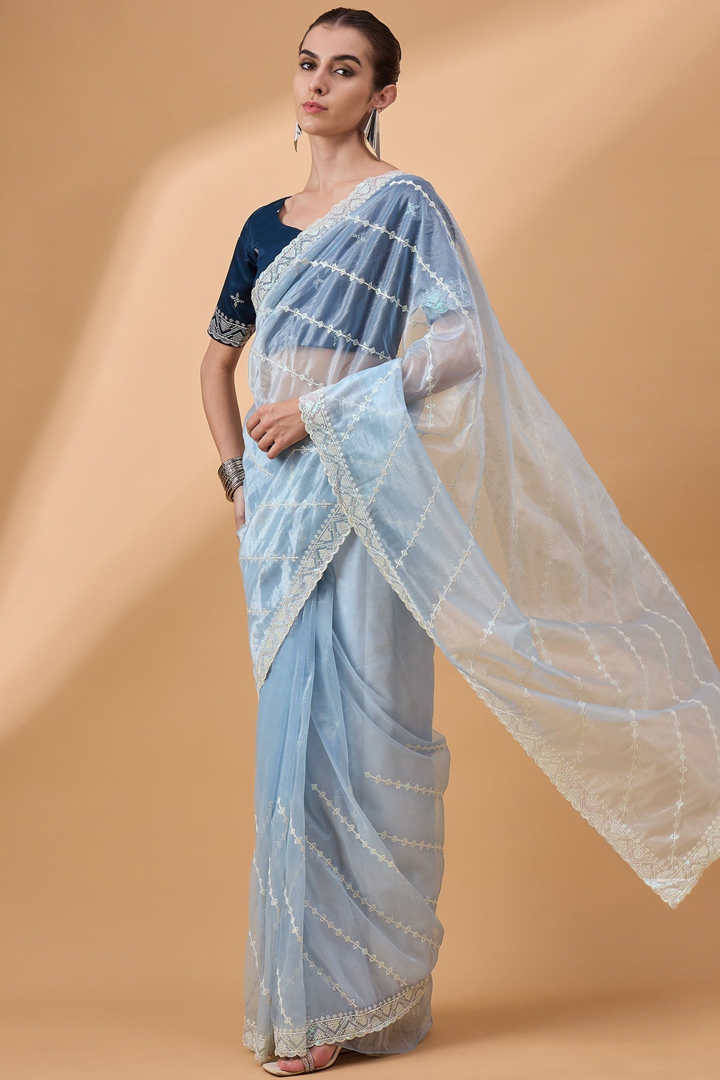 Sky Blue Organza Partywear Saree