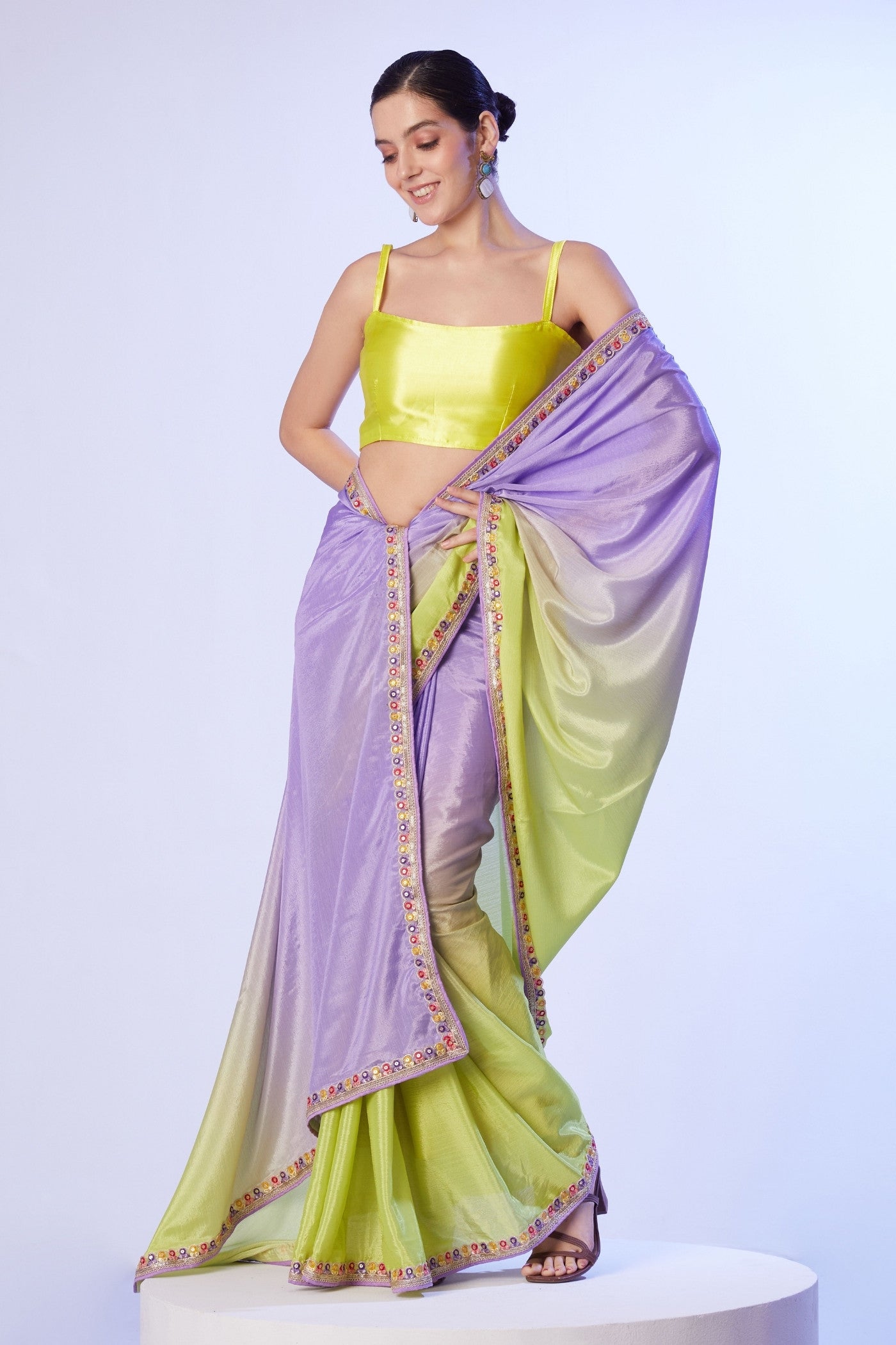 Neon Yellow and Purple Designer Partywear Saree