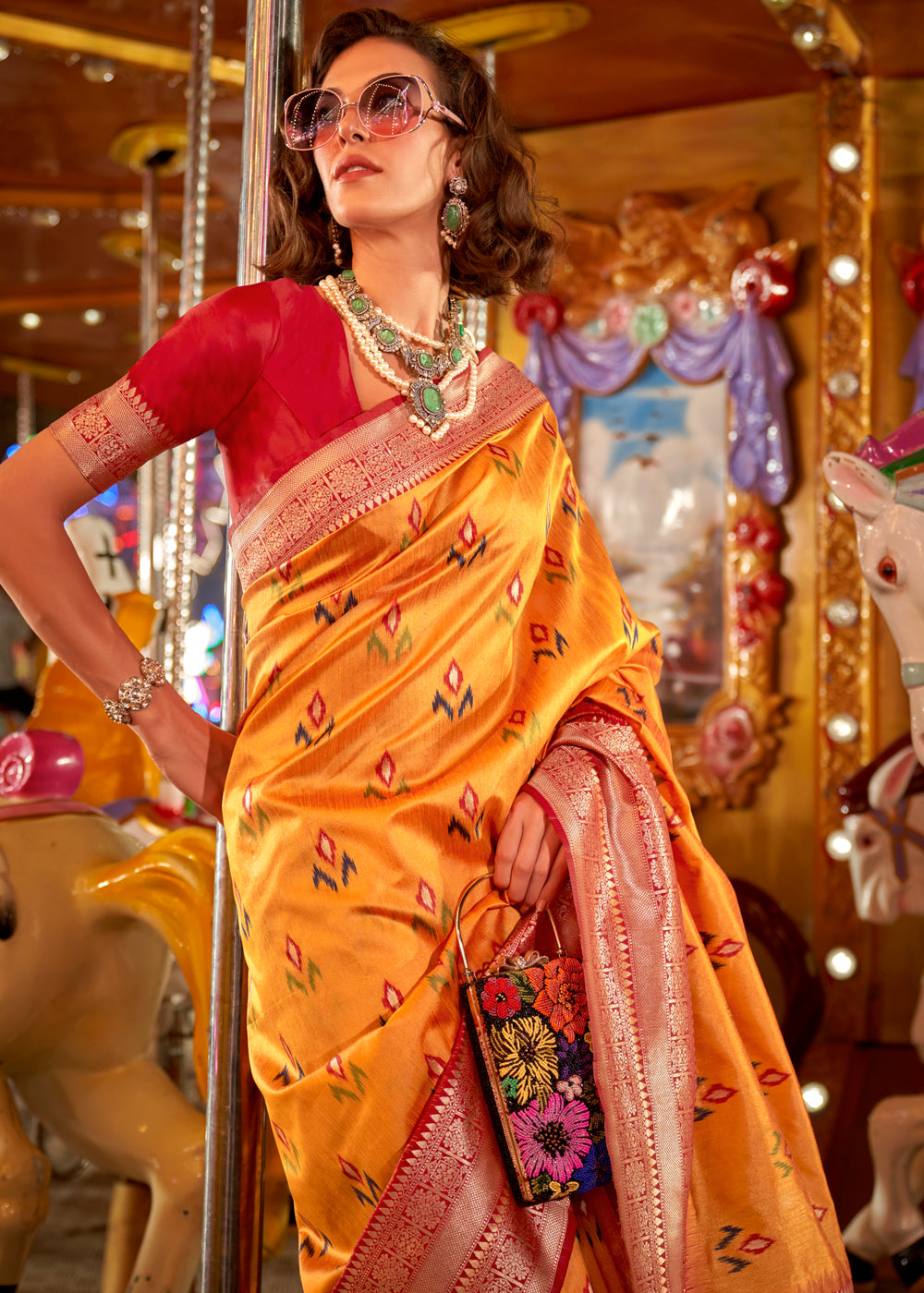 Neon Carrot Yellow Handloom Banarasi Silk Saree