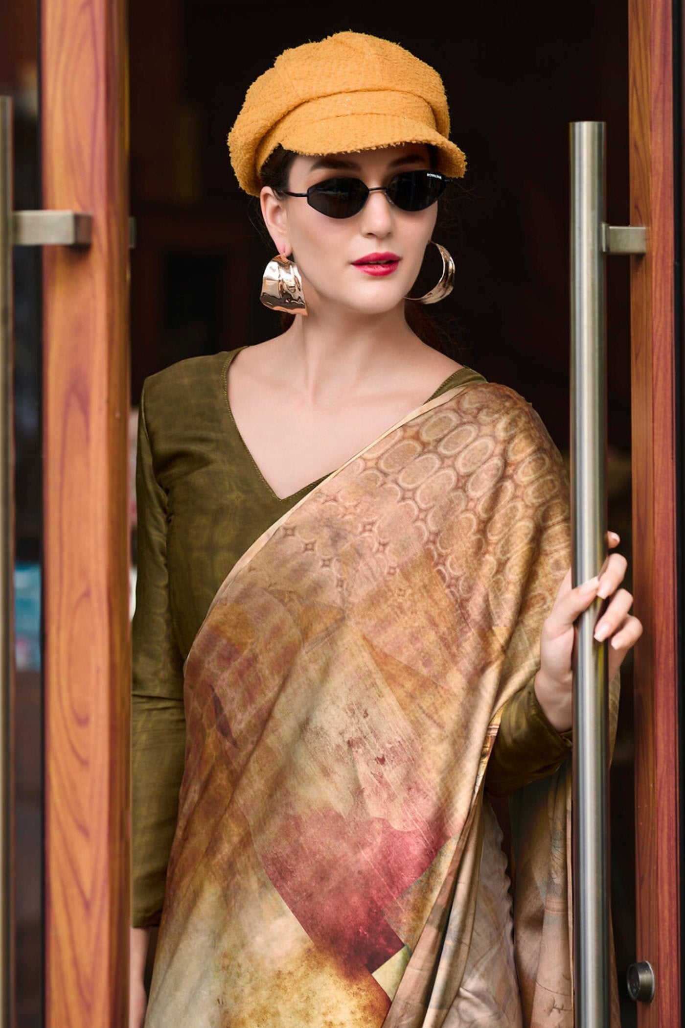 Teak Brown Printed Satin Crepe Silk Saree