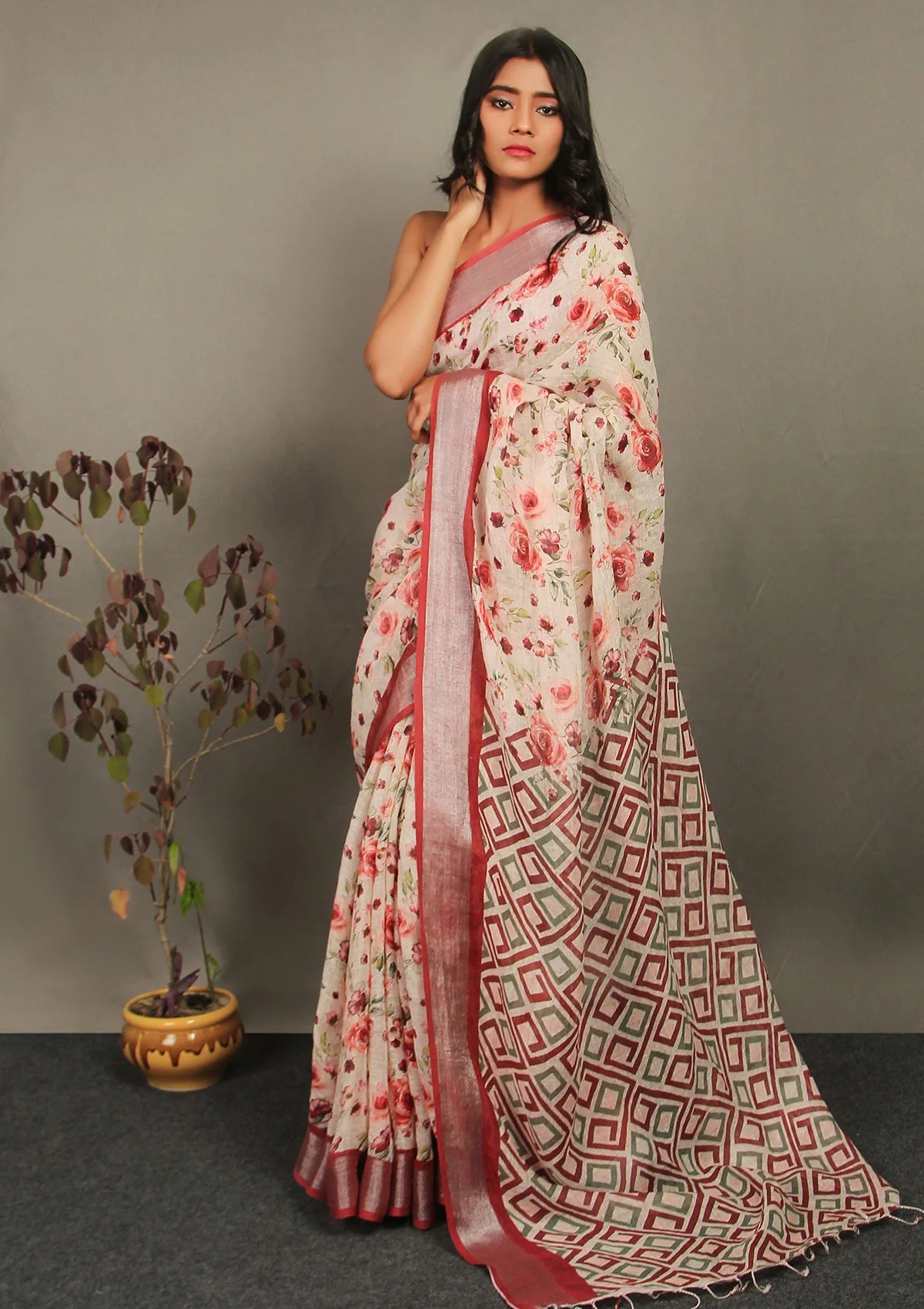 Blushing Pink Color Linen Saree With Silver Jari Pattu