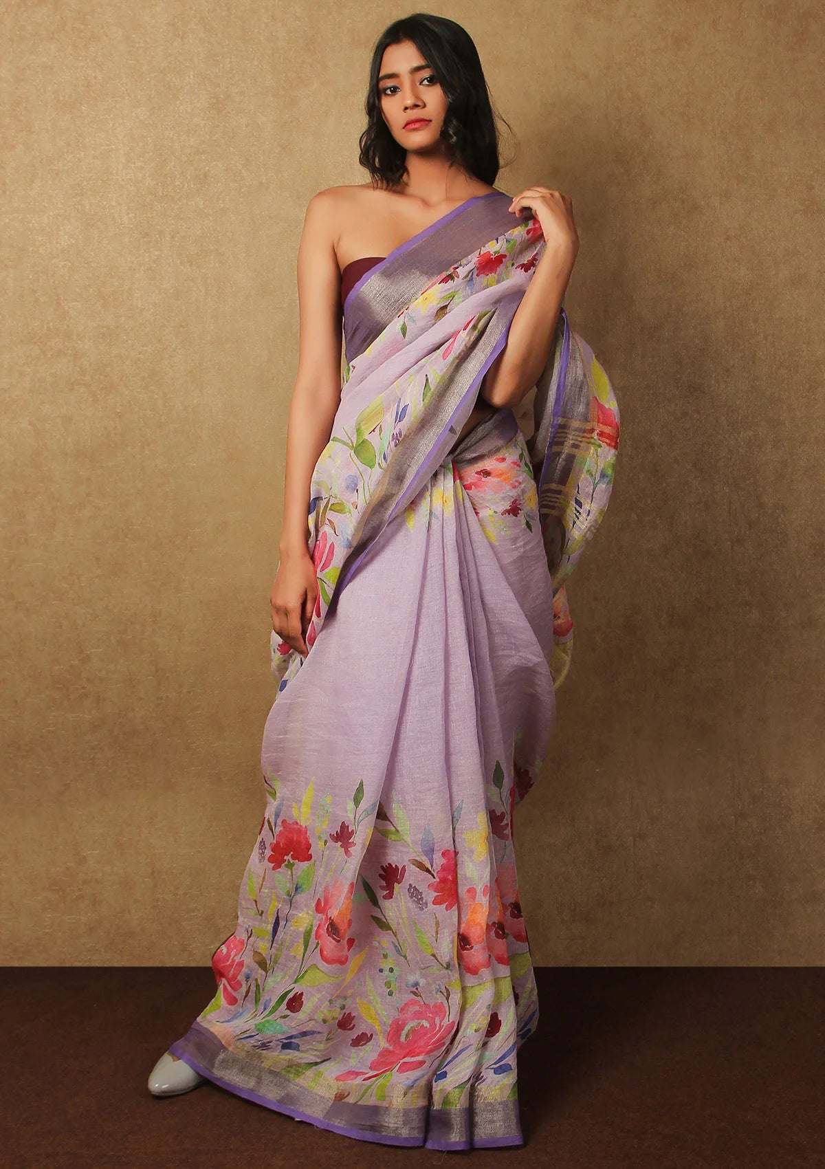 Violet Color Linen Saree With Silver Jari Pattu