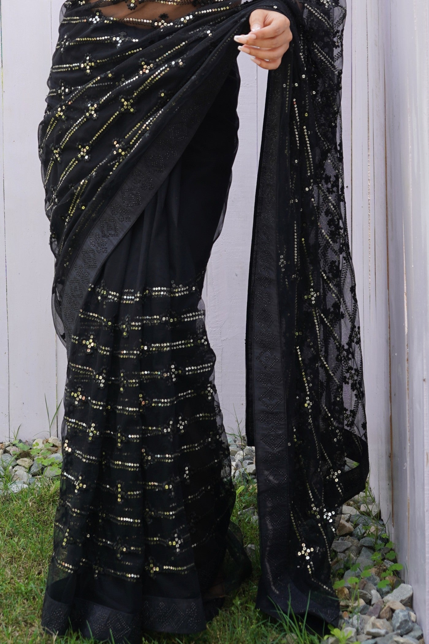 Soot Black Embroidered Partywear Saree