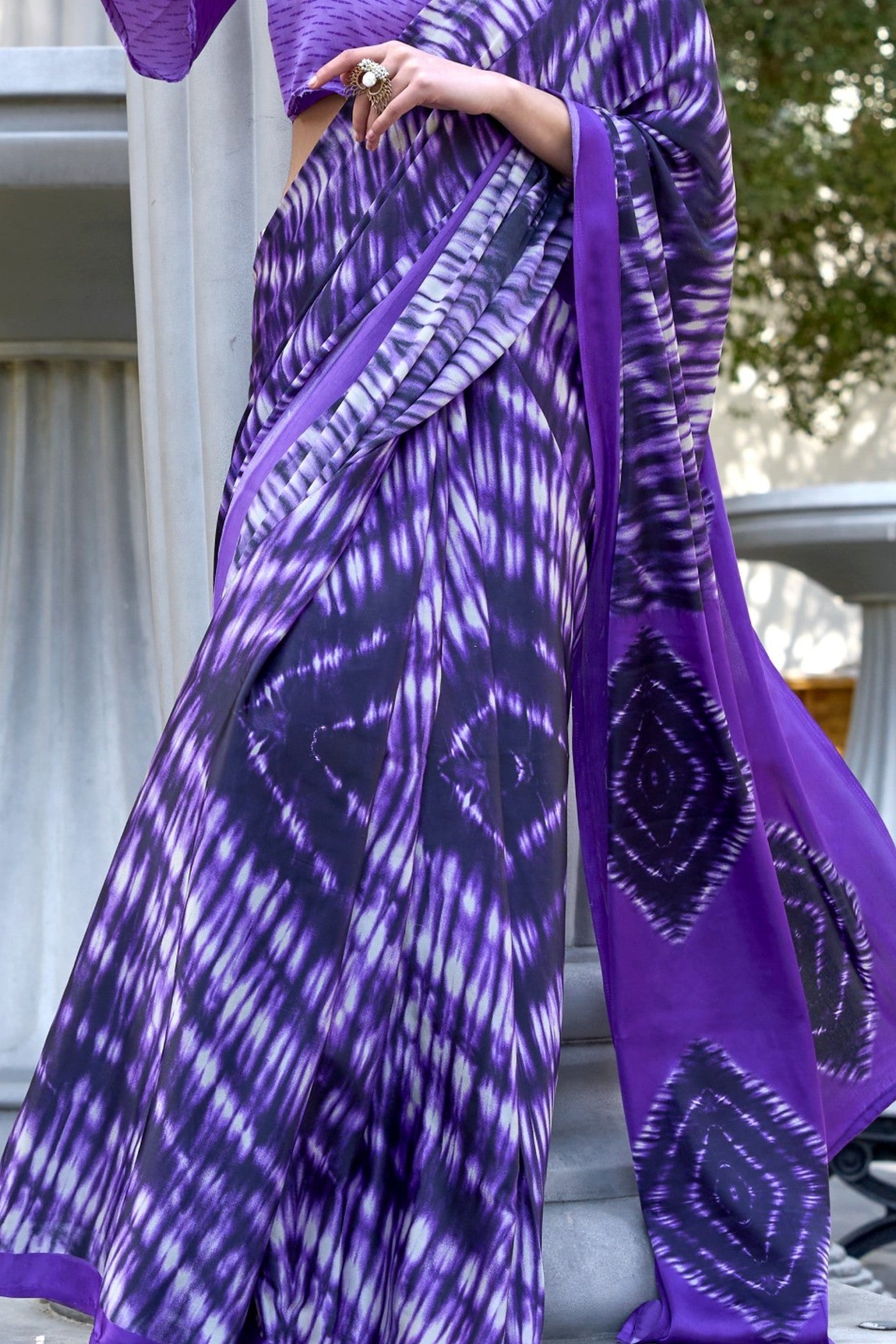 Ube Purple Printed Satin Crepe Silk Saree