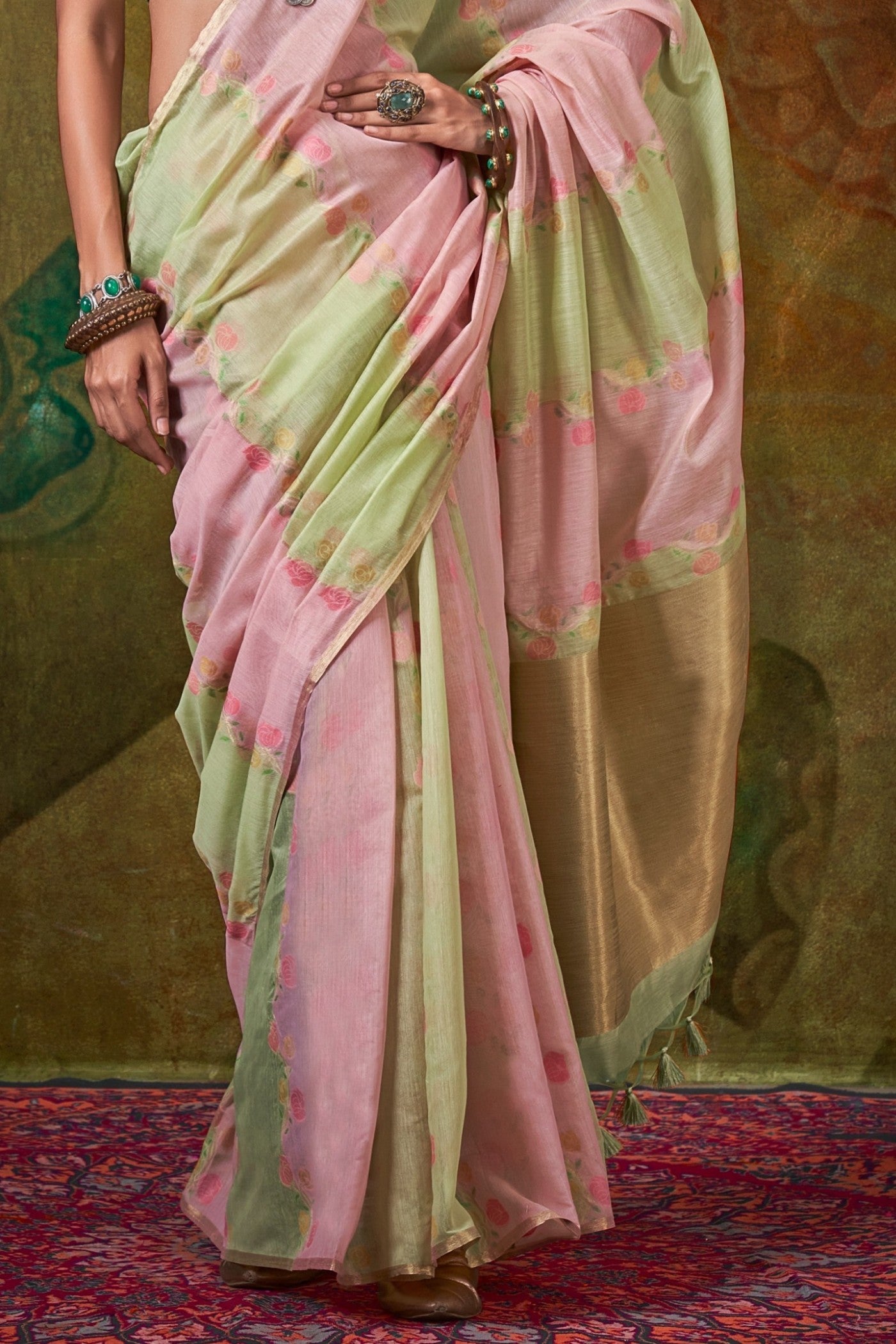 Bush Pink and Green Banarasi Handloom Saree