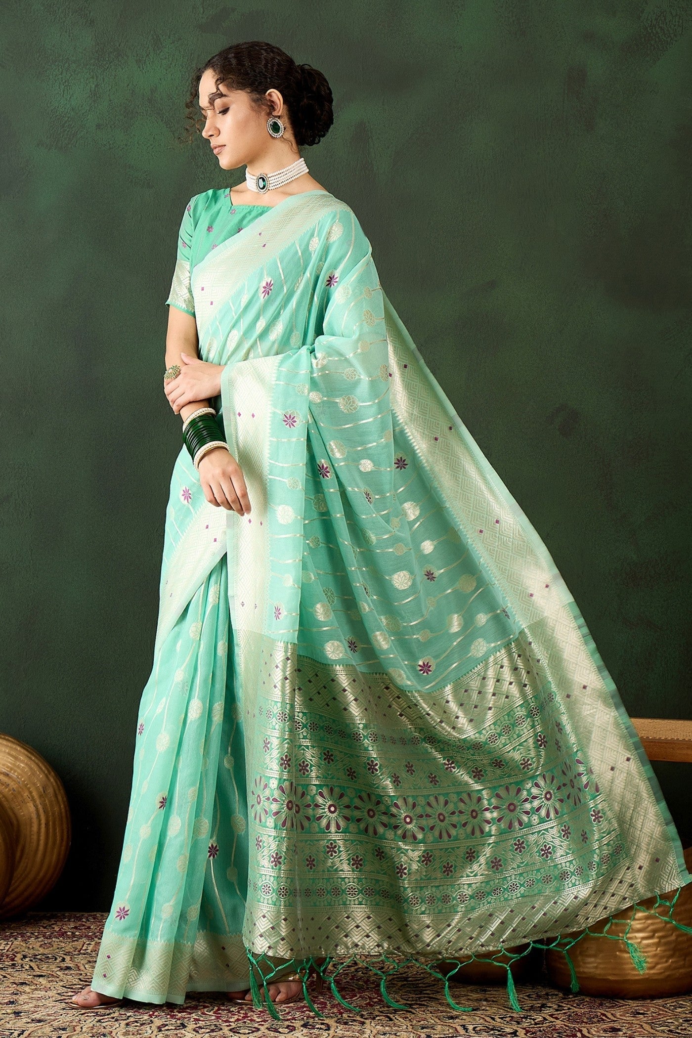 Sage Green Woven Cotton Saree