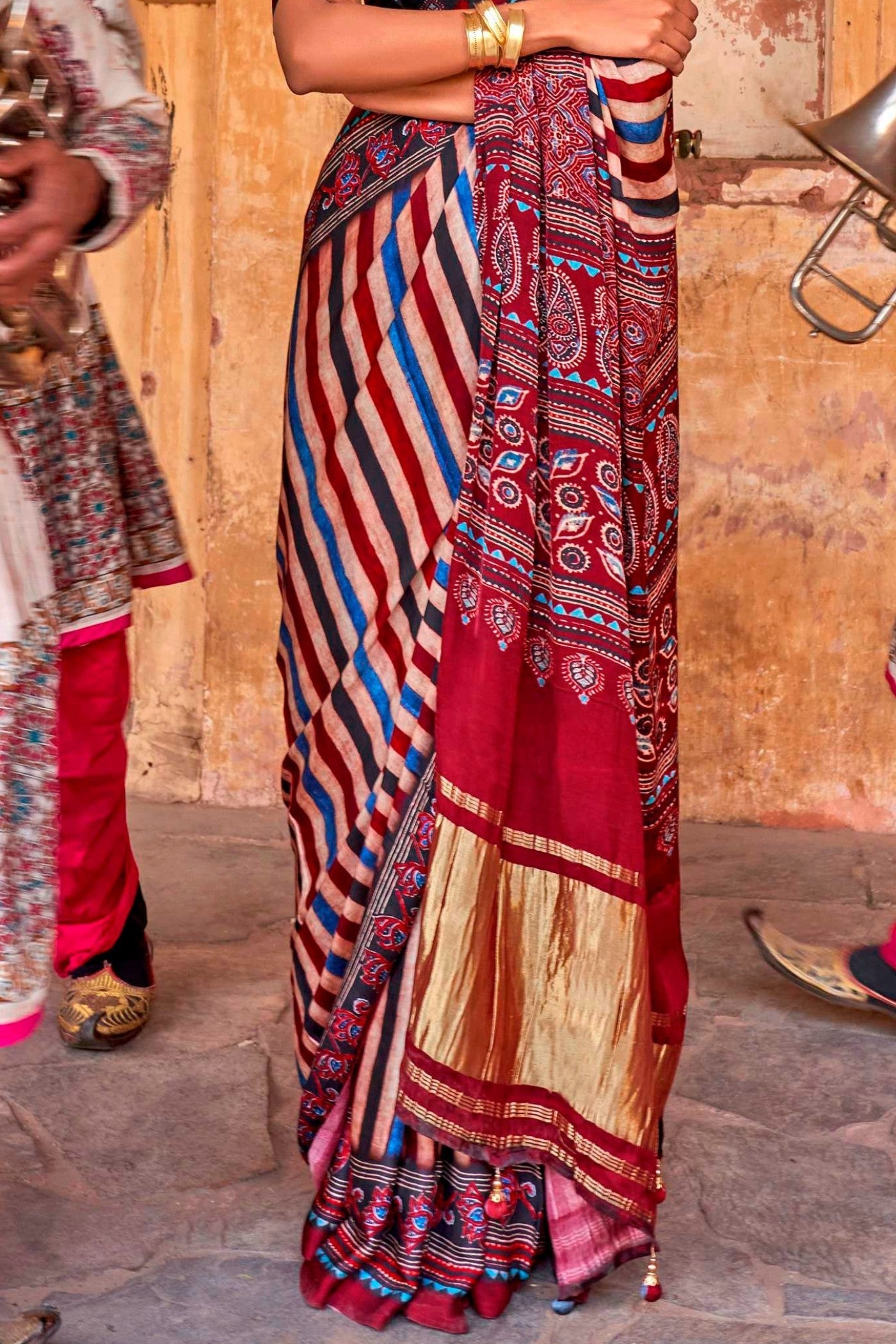 Tawny Port Maroon Ajrakh Handprinted Satin Saree