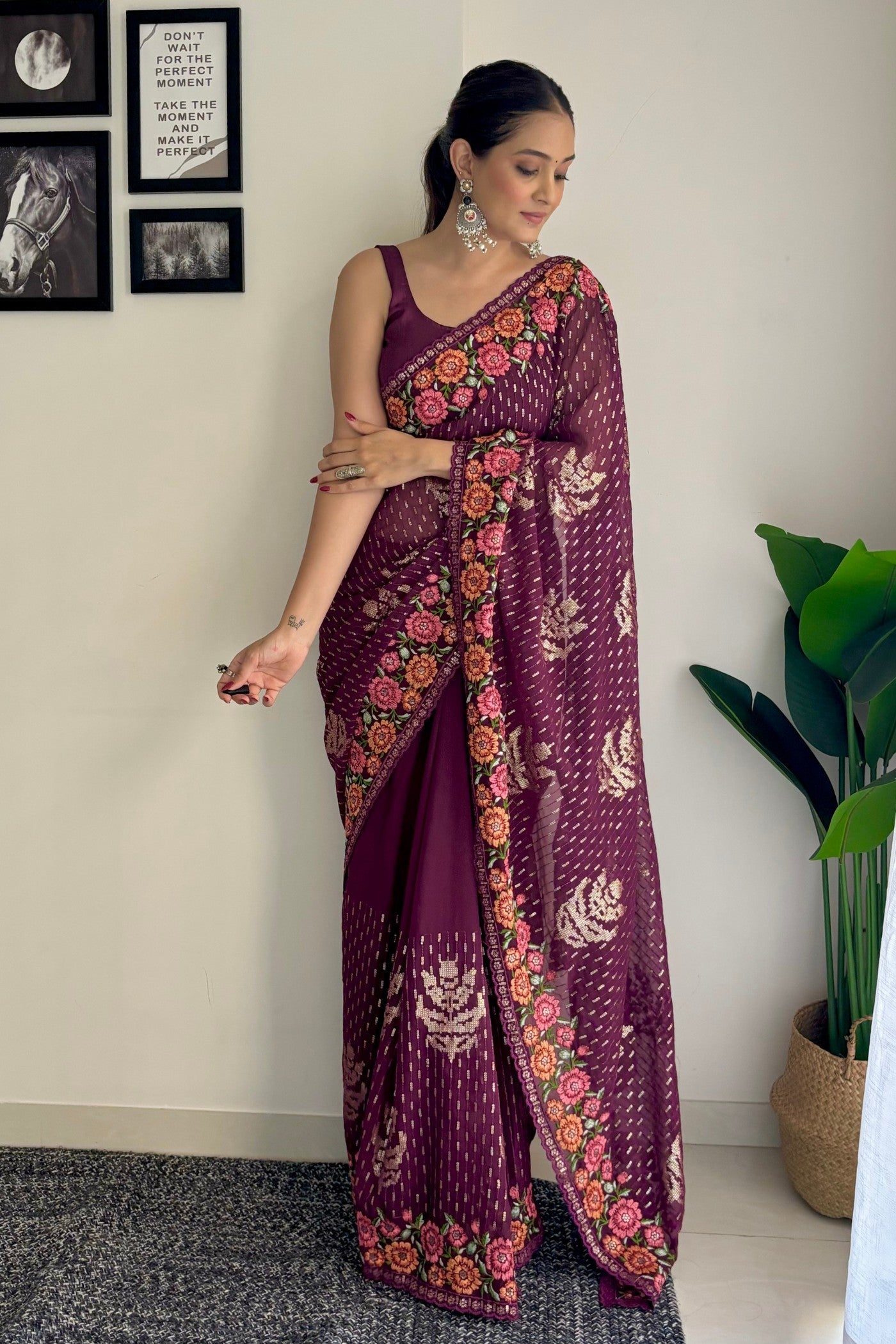 Wine Purple Embroidery Designer Georgette Saree