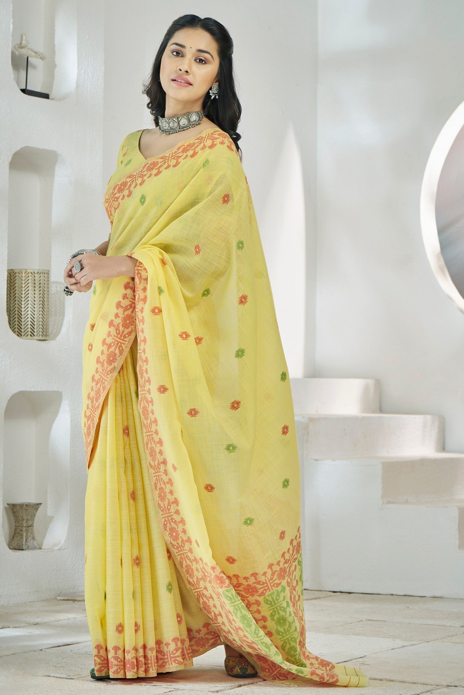 Laser Yellow Woven Linen Saree