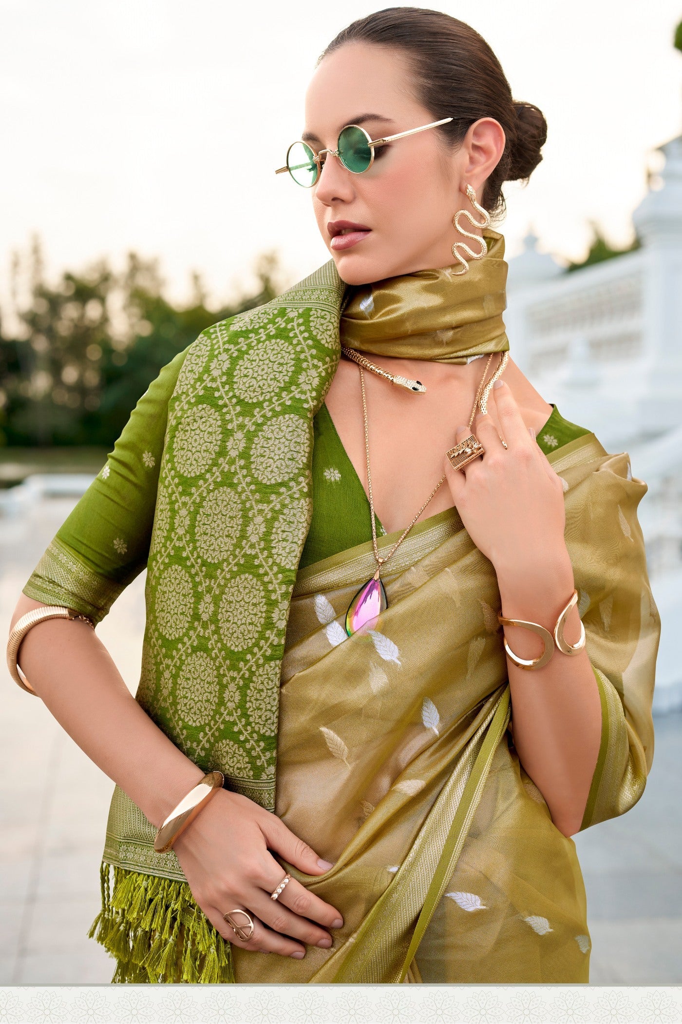 Husk Green Tissue Silk Saree