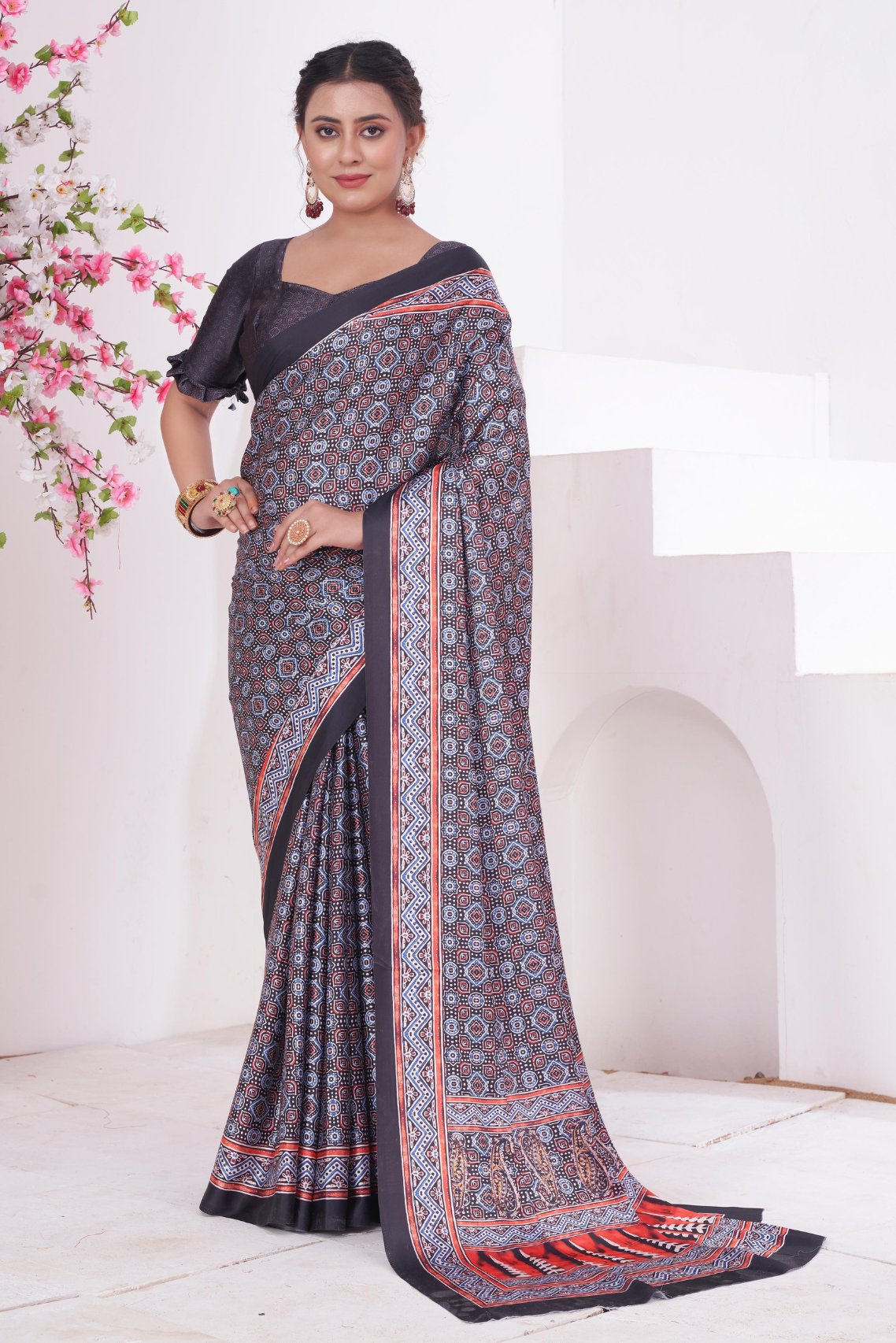 Topaz Black and Grey Ajrakh Printed Satin Crepe Saree