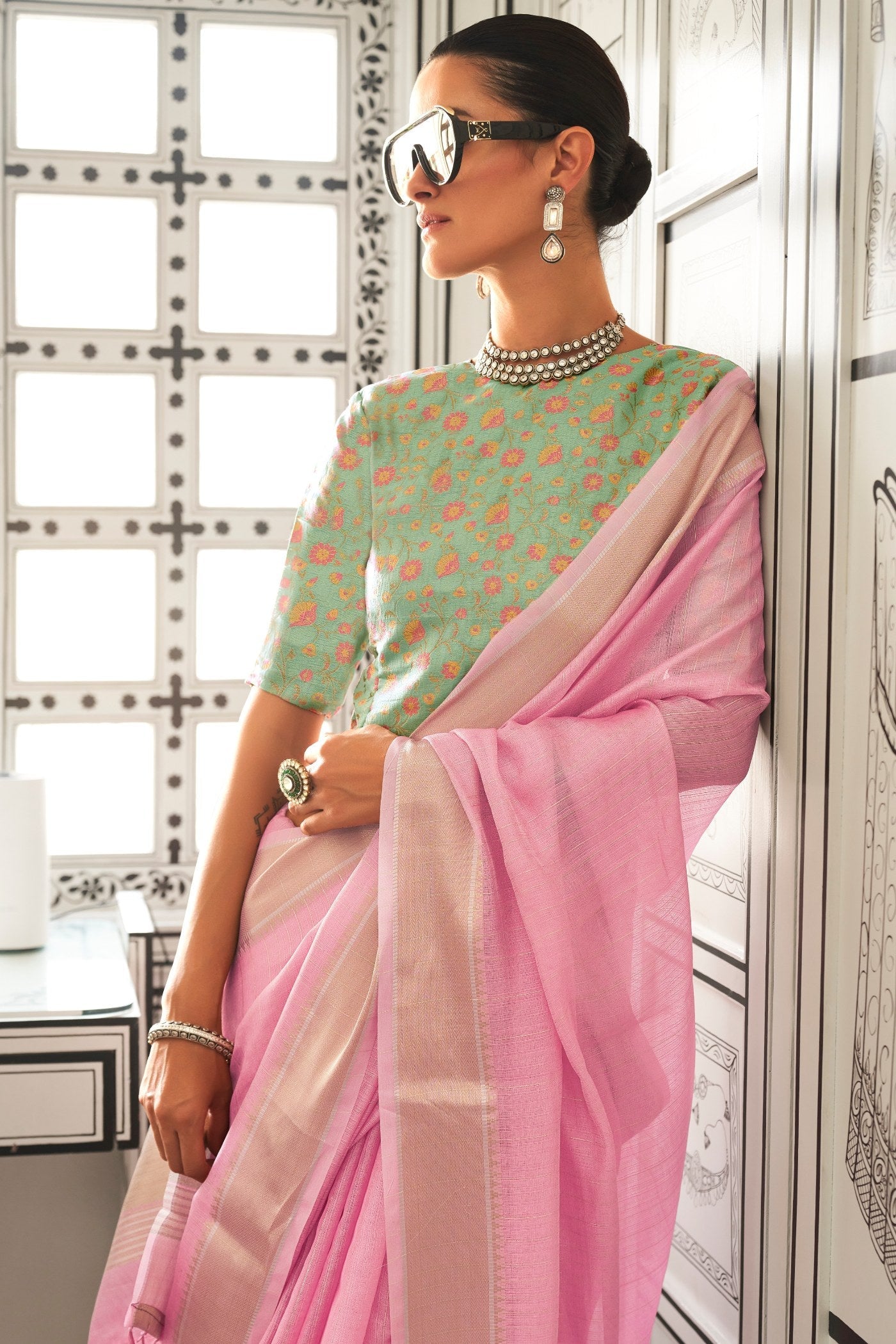 Shilo Pink Chiffon Handloom Saree