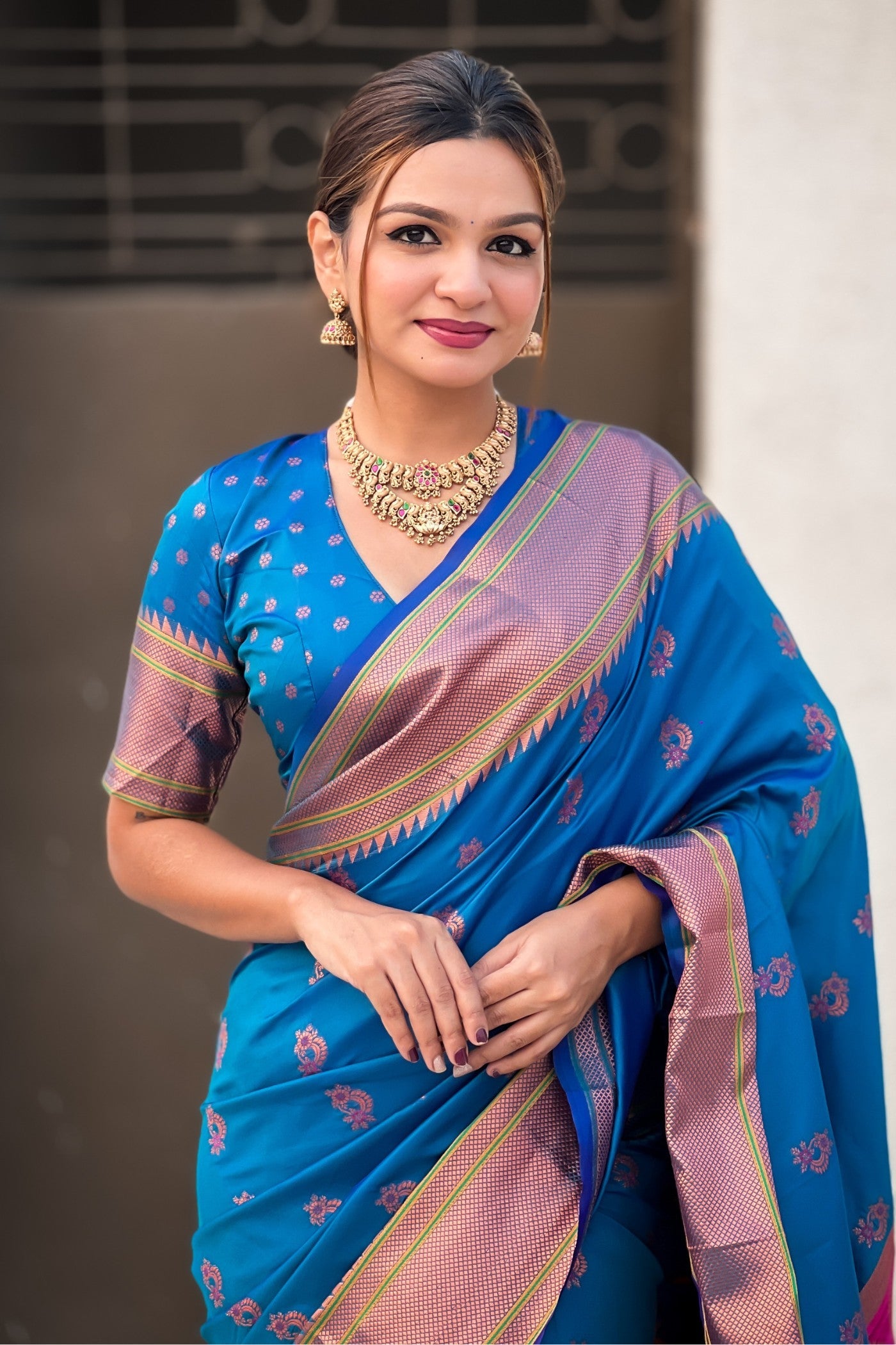 Congress Blue Zari Woven Nath Paithani Saree