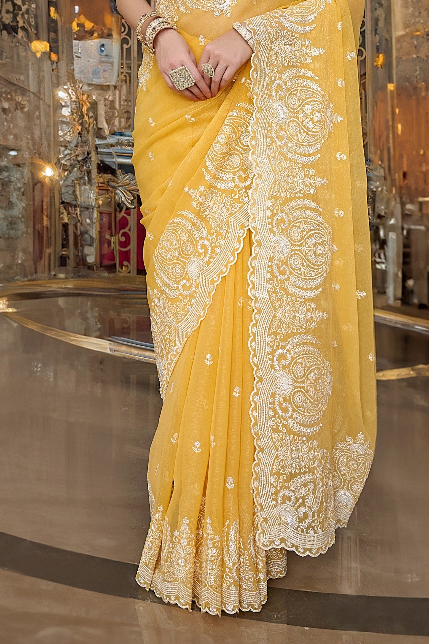 Anzac Yellow Tissue Designer Saree