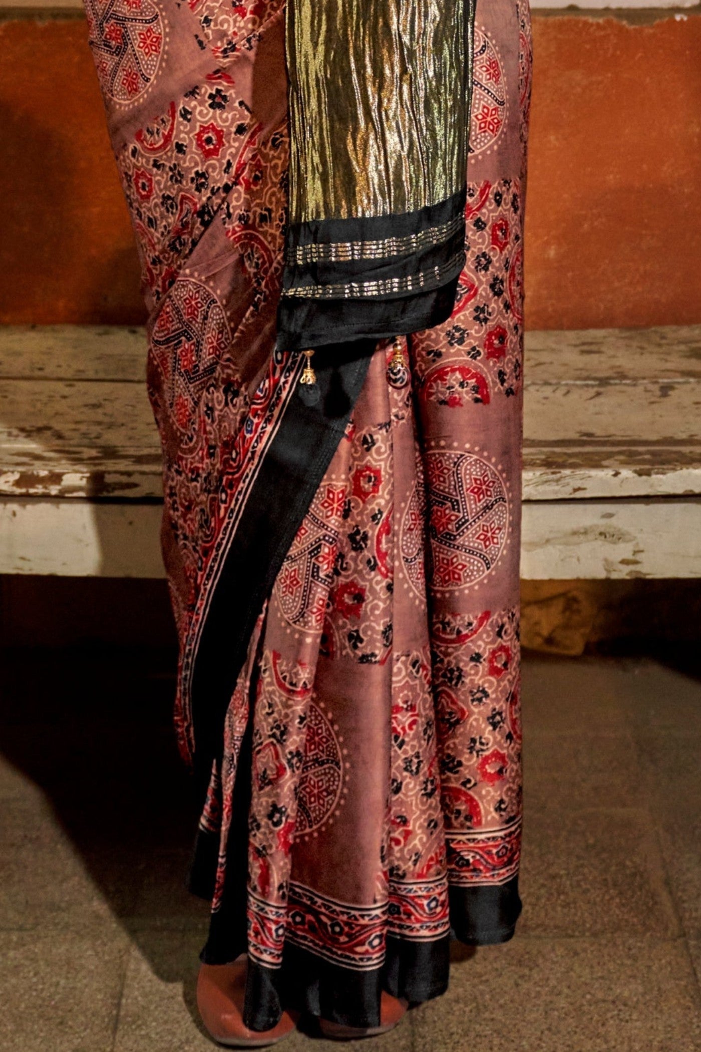 Plum Peach and Black Ajrakh Handprinted Satin Saree