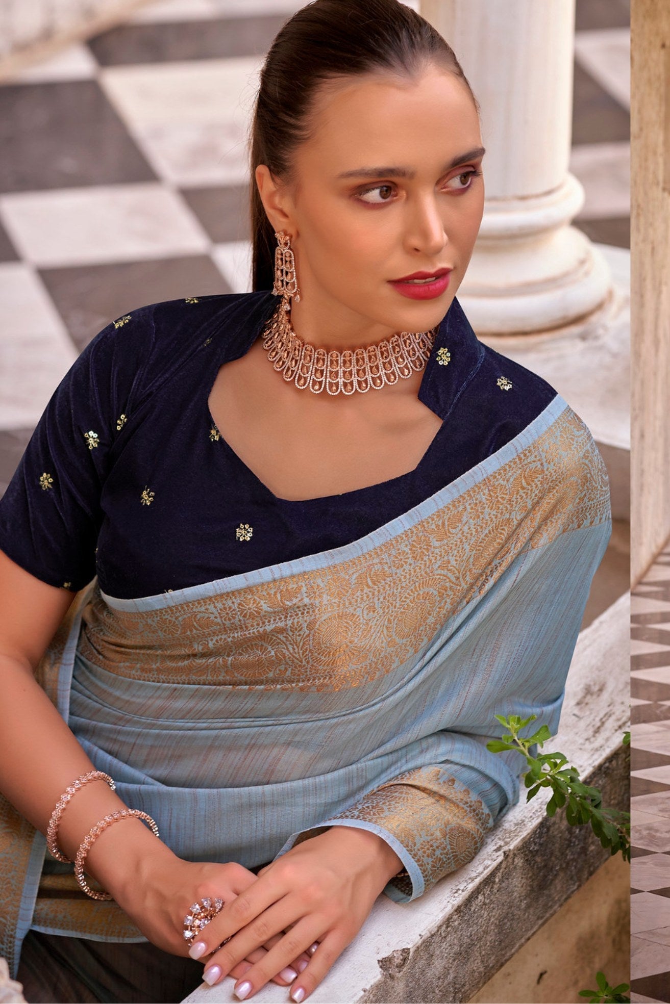 Pale Sky Blue Zari Woven Linen Saree