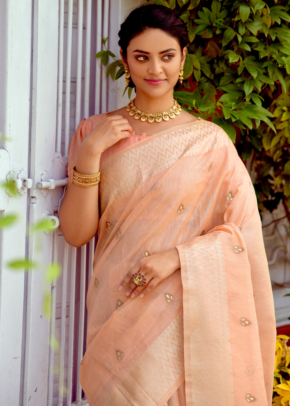 Romantic Peach Woven Banarasi Linen Silk Saree