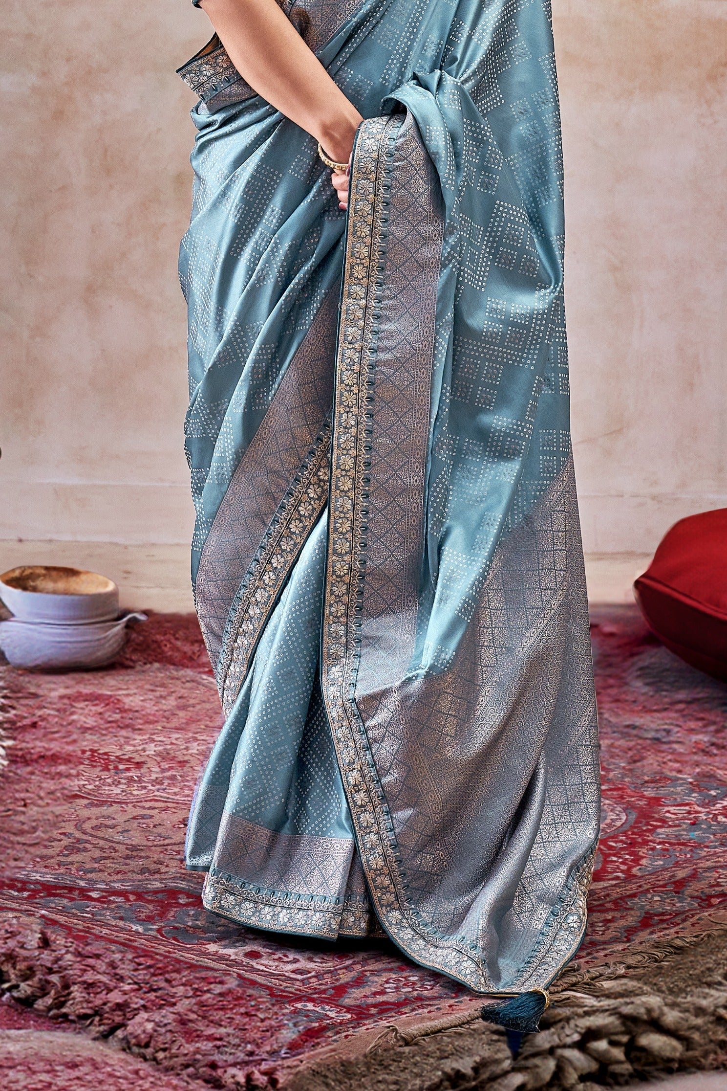 Pearl Blue Embroidered Satin Silk Saree