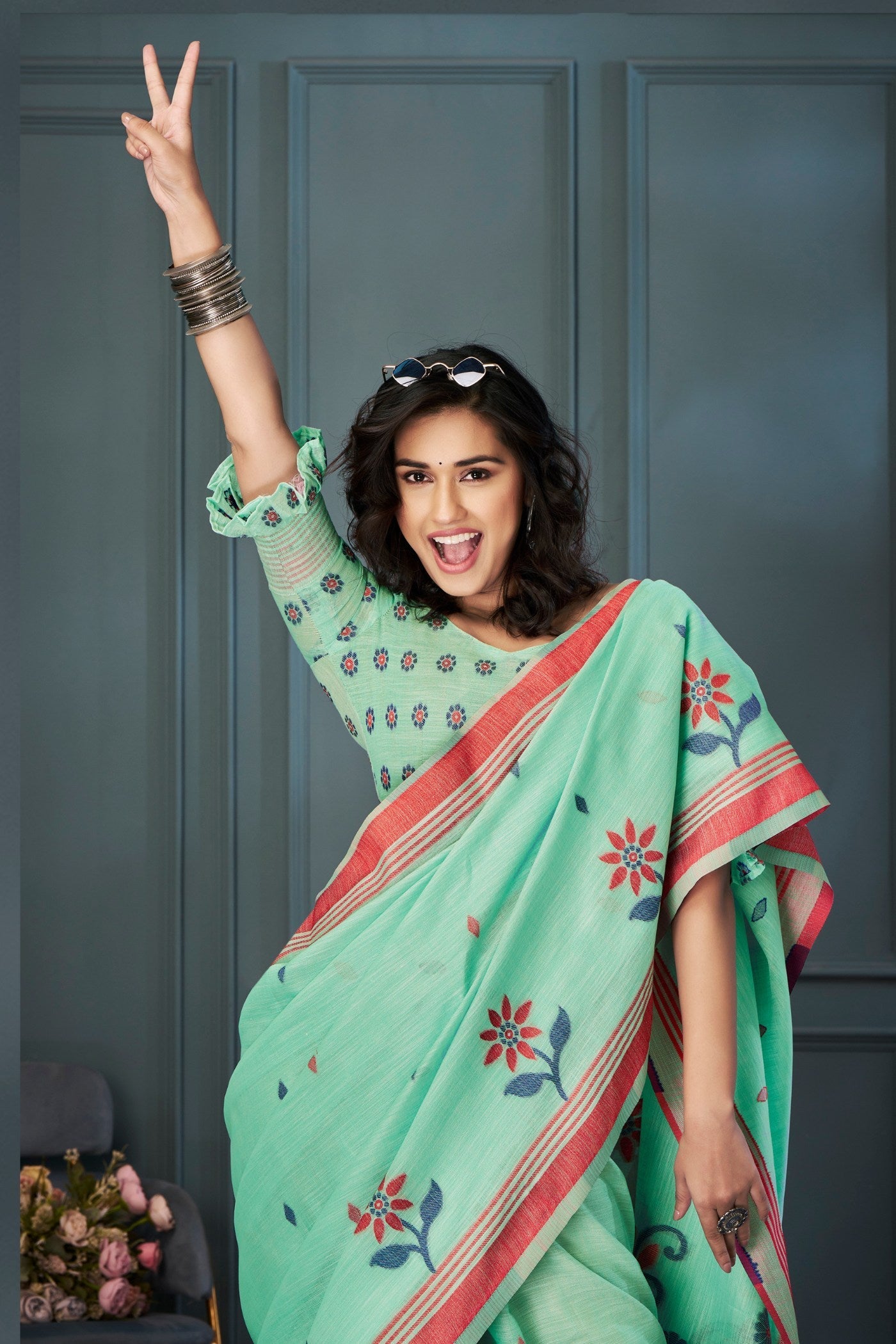 Vista Green Handloom Linen Saree