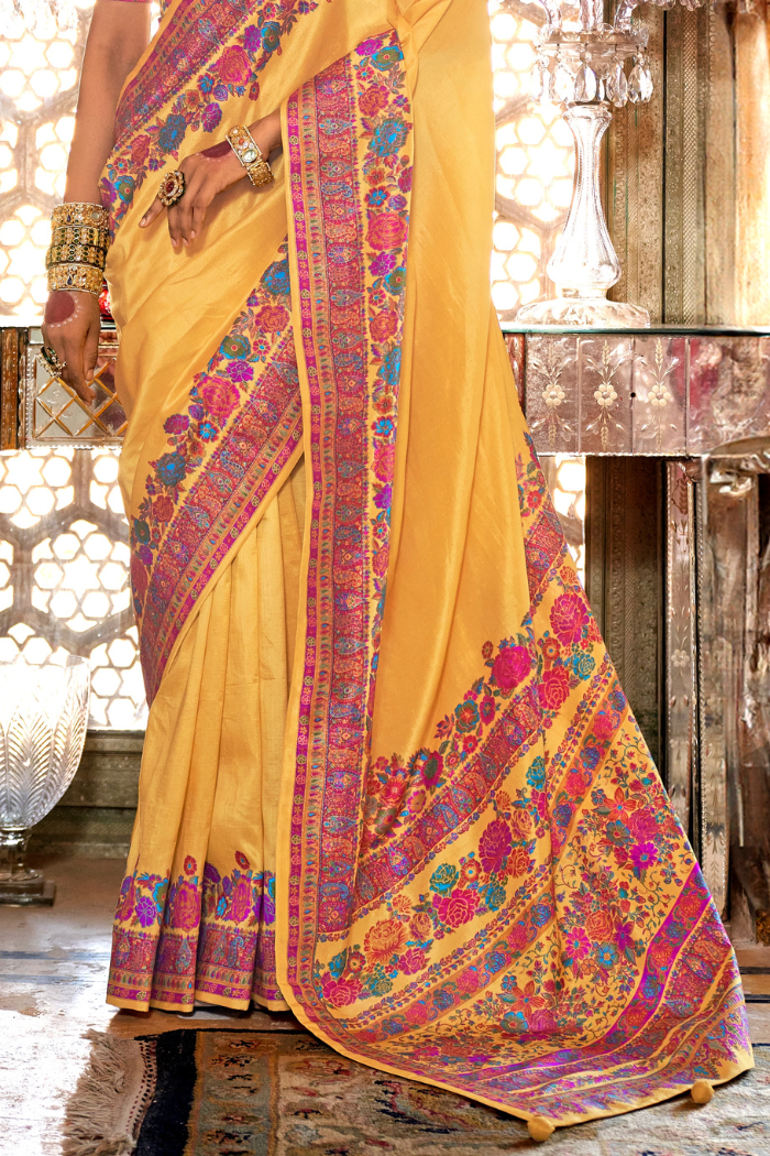 Saffron Mango Yellow Printed Banarasi Saree