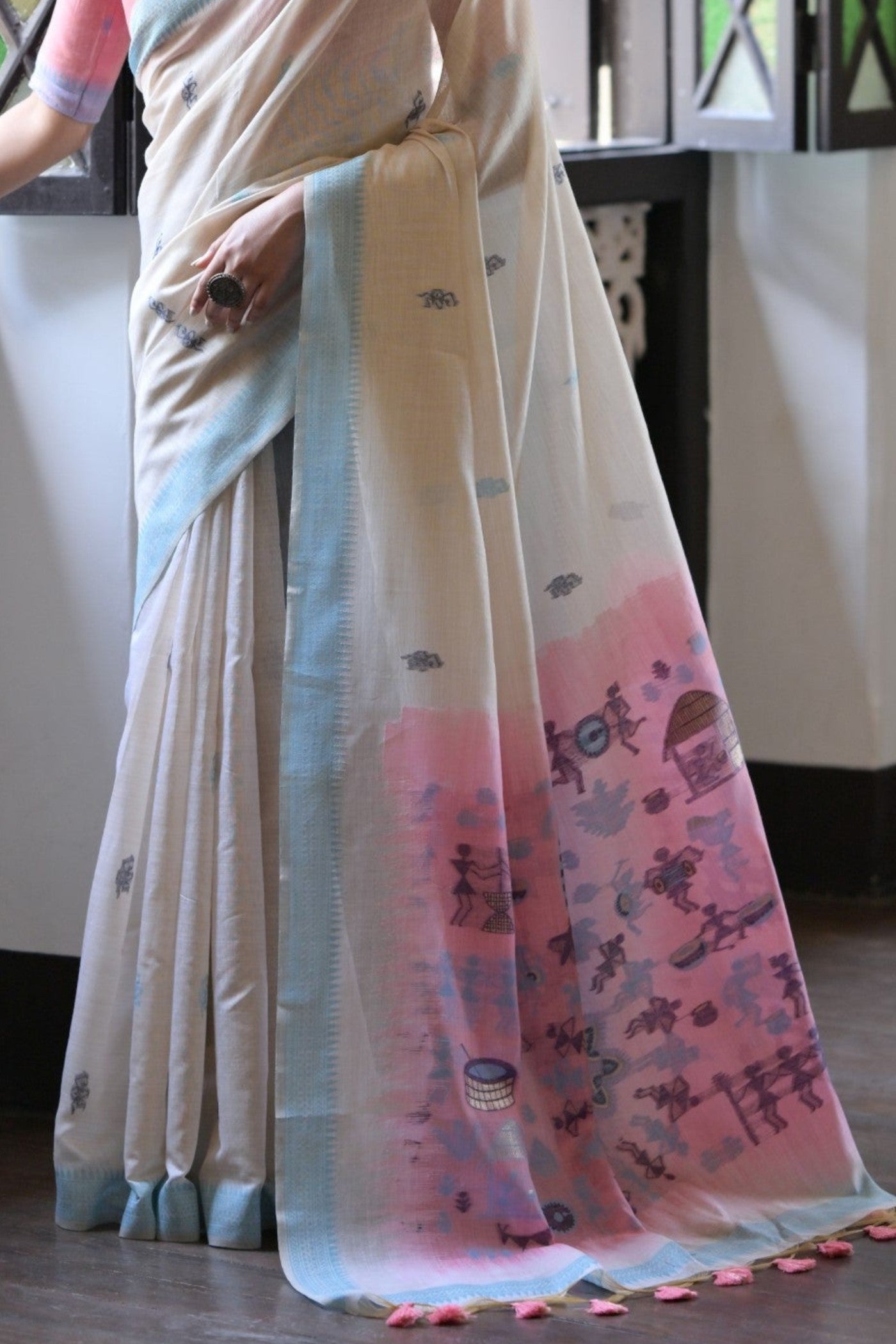 Shell White and Pink Muga Cotton Saree