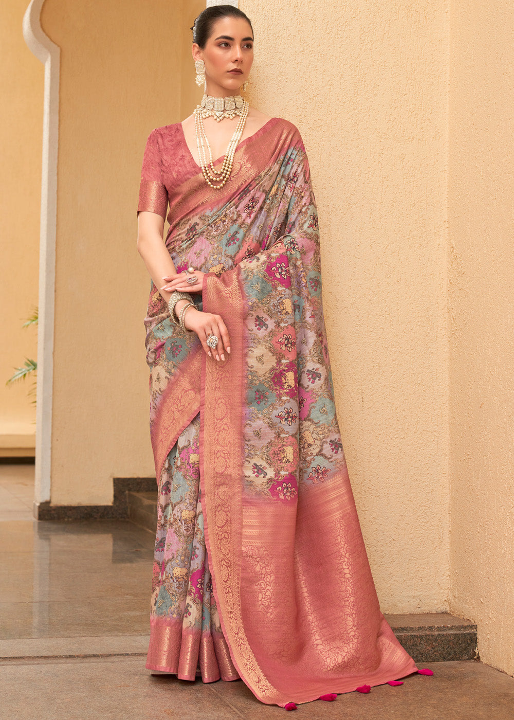 Copper Penny Pink and Brown Digital Printed Tussar Silk Saree