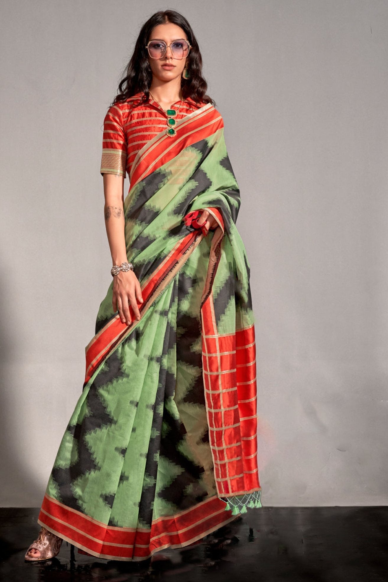 Celadon Green Woven Banarasi Soft Silk Saree