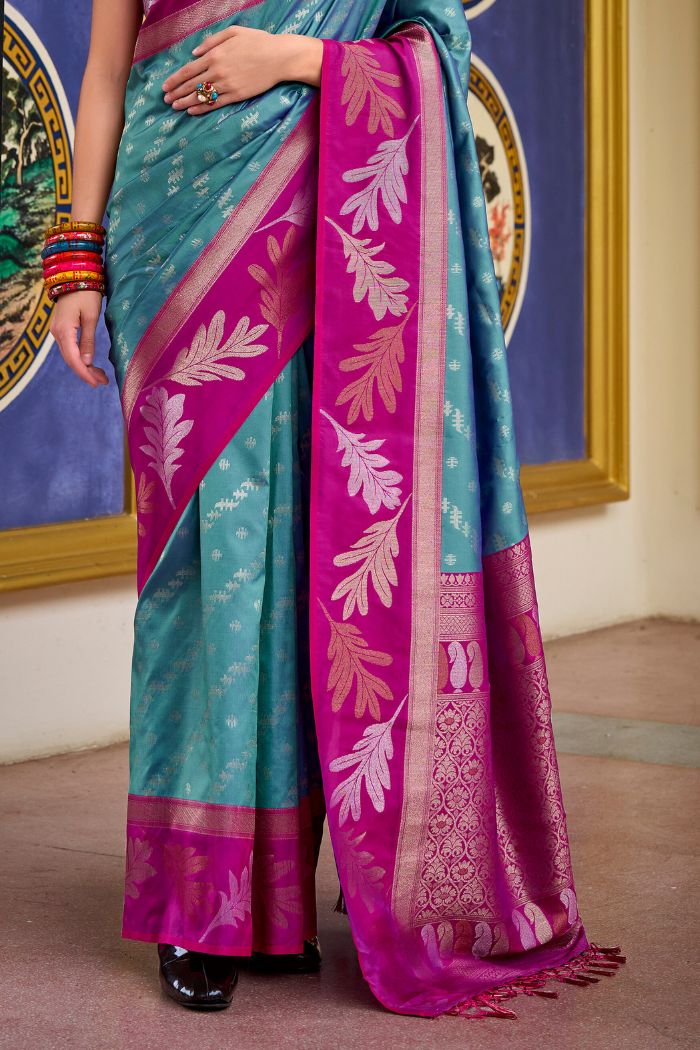 Breaker Bay Blue and Pink Banarasi Soft Silk Saree