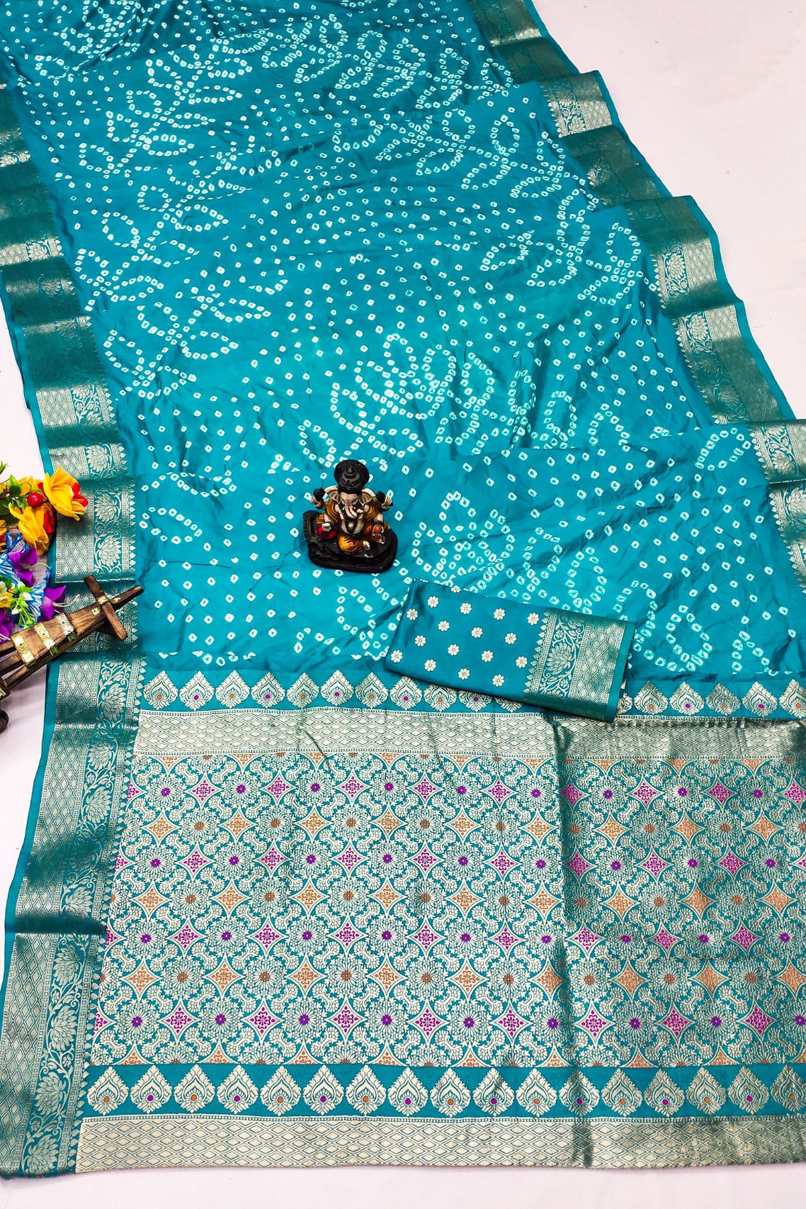 Bright Turquoise Blue Bandhani Dola Silk Saree