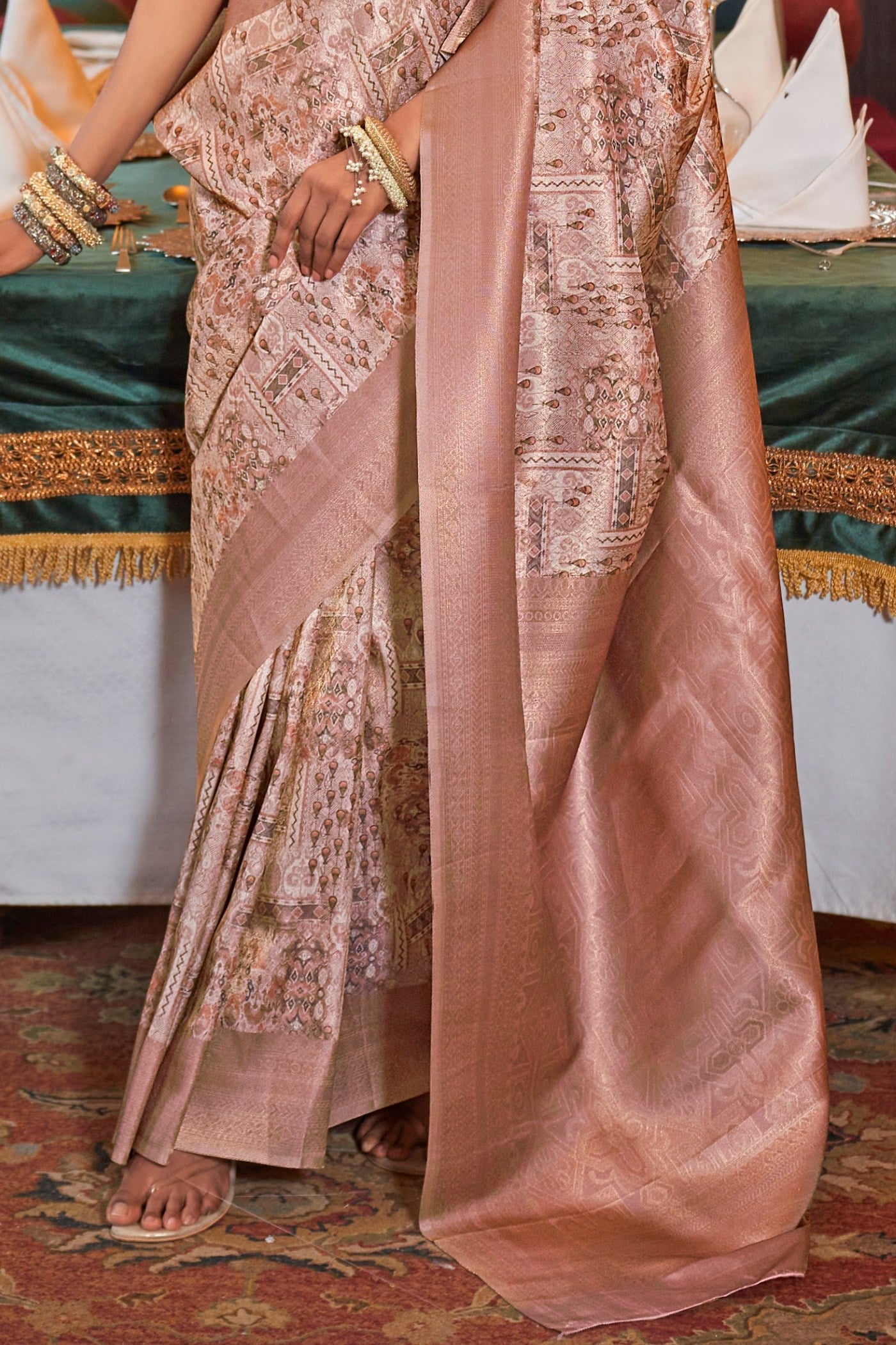 Gerbera Peach Banarasi Digital Printed Saree