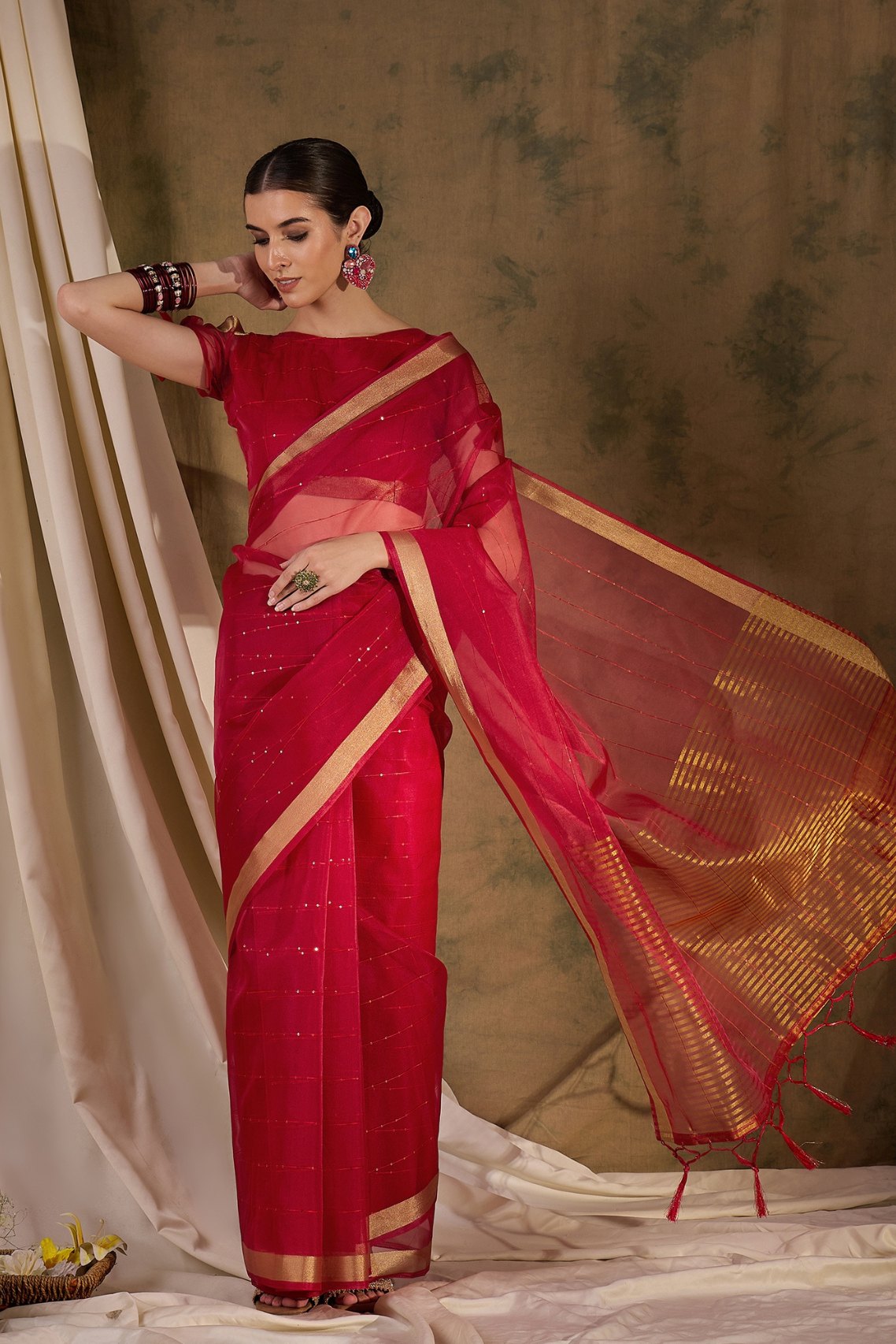 Cherry Red Woven Organza Saree