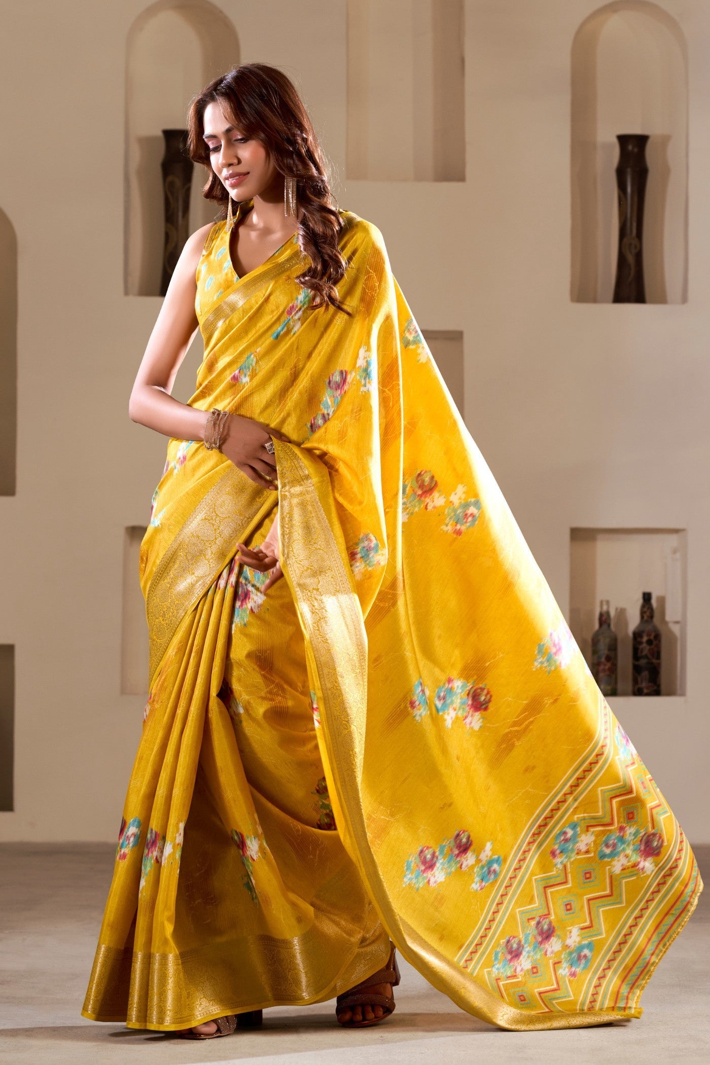 Gulberg Yellow Printed Soft Dola Silk Saree