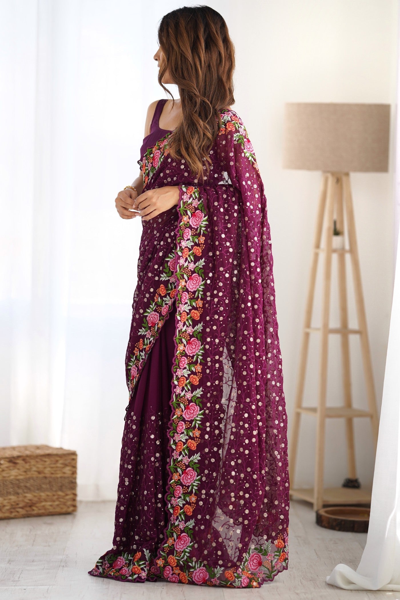 Wine Purple Embroidered Georgette Saree