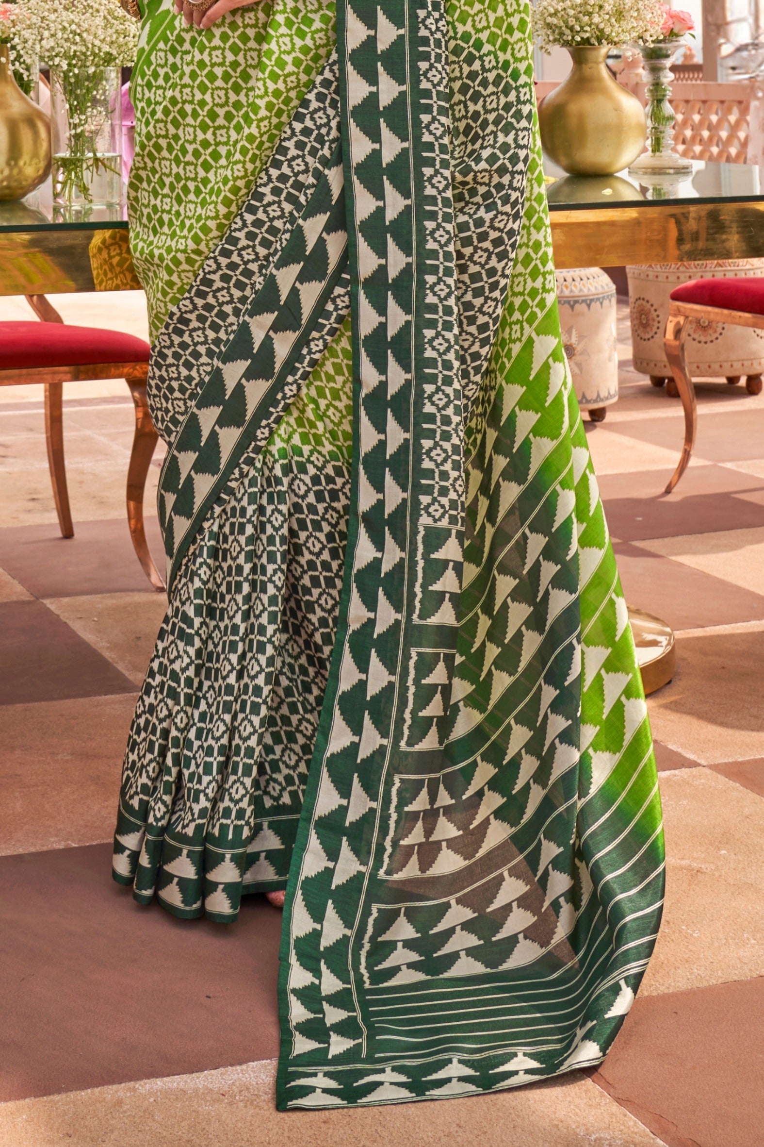 Lime Olive Green Printed Patola Saree