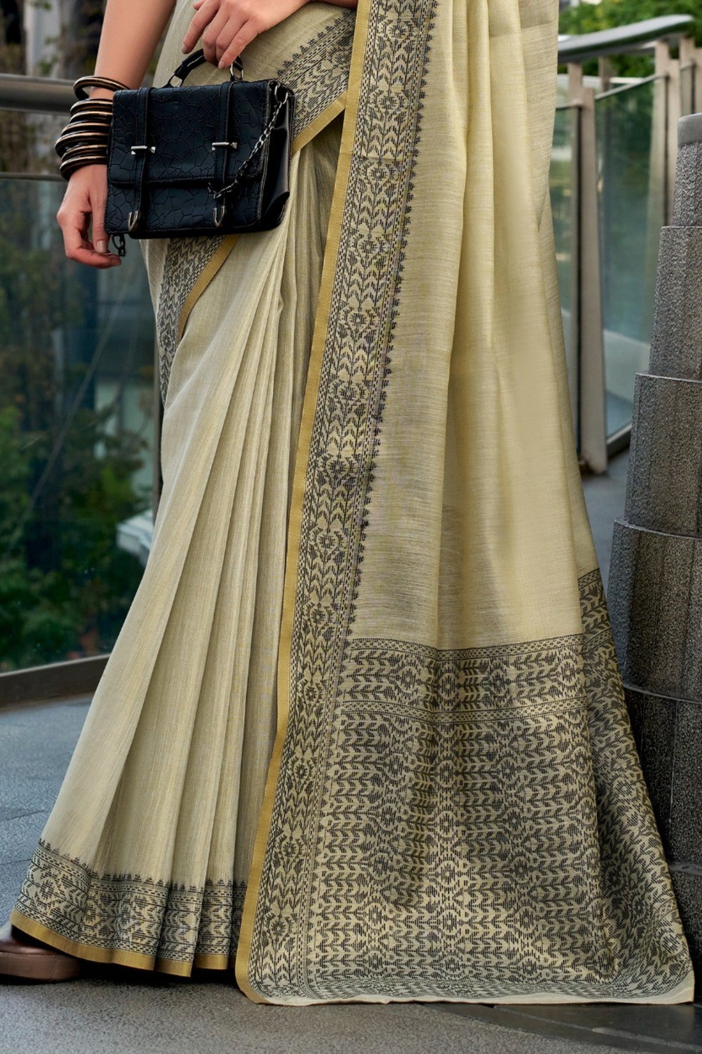 Hazel Wood Cream Linen Tissue Silk Saree