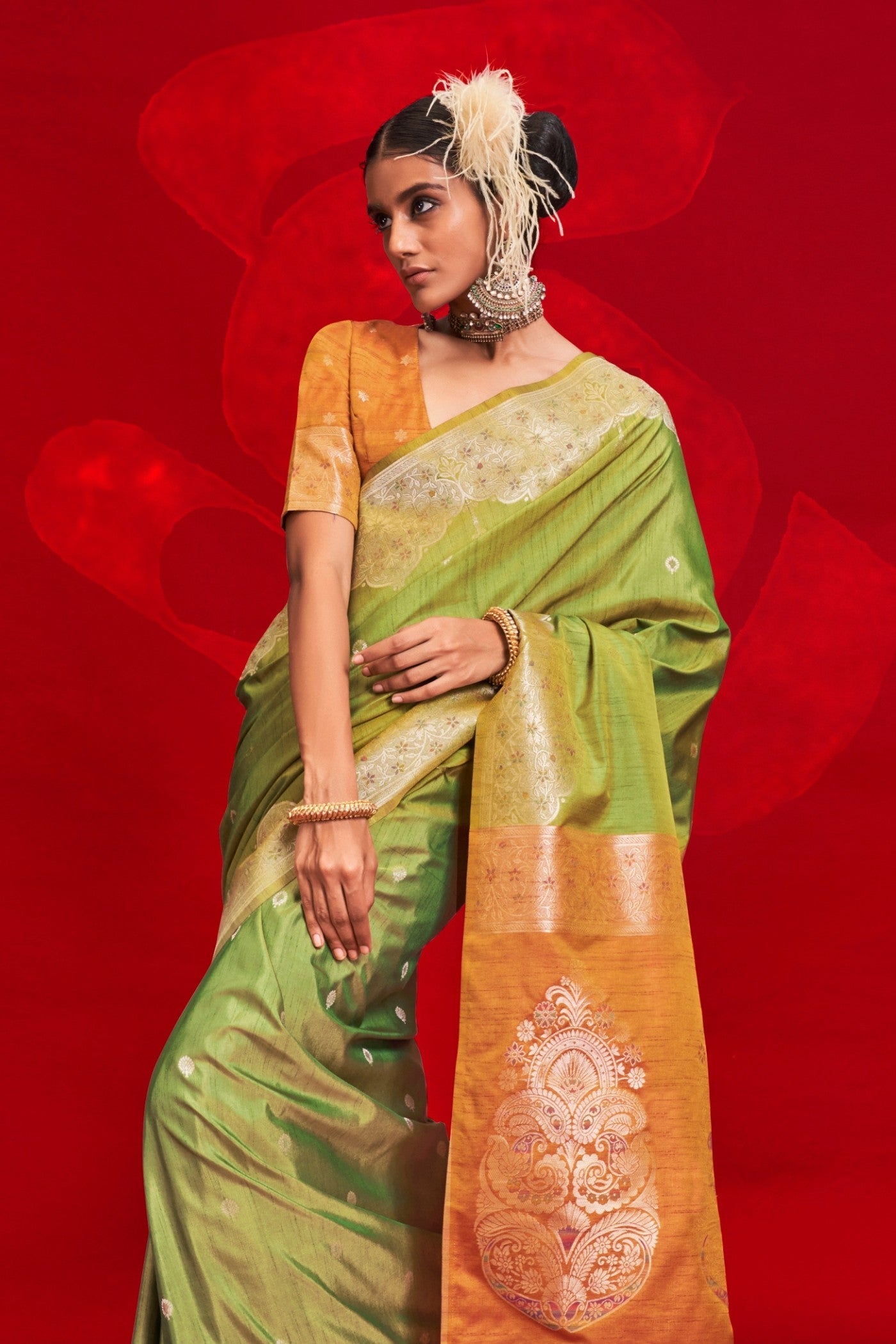 Pine Green Tussar Handloom Silk Saree