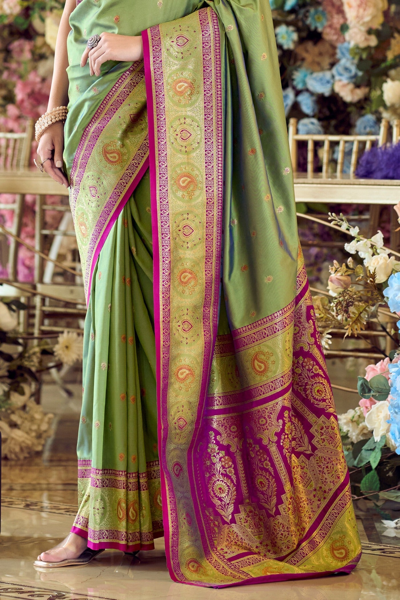 Avocado Green Woven Banarasi Soft Silk Saree