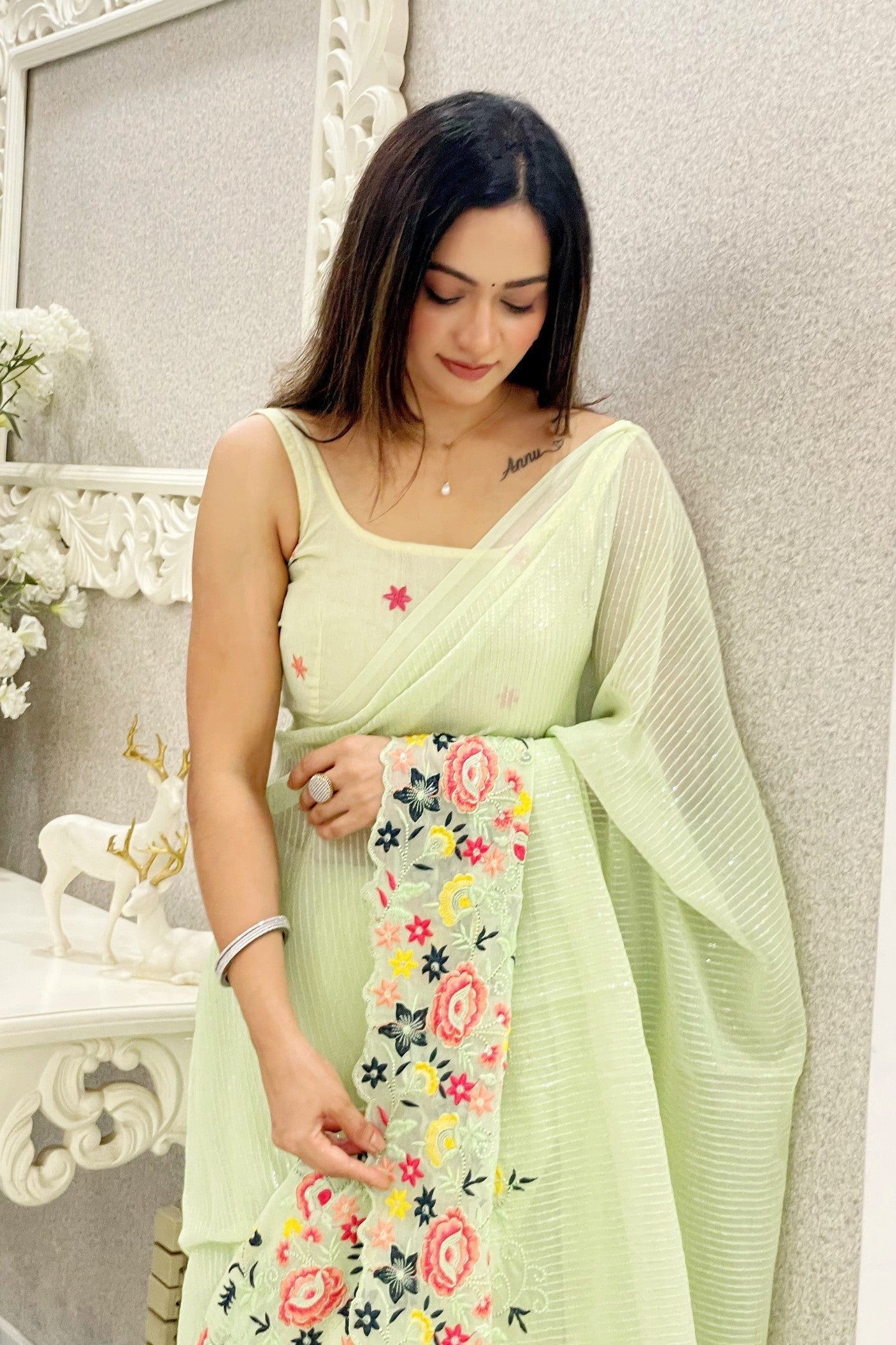 Tea Green Embroidered Partywear Saree