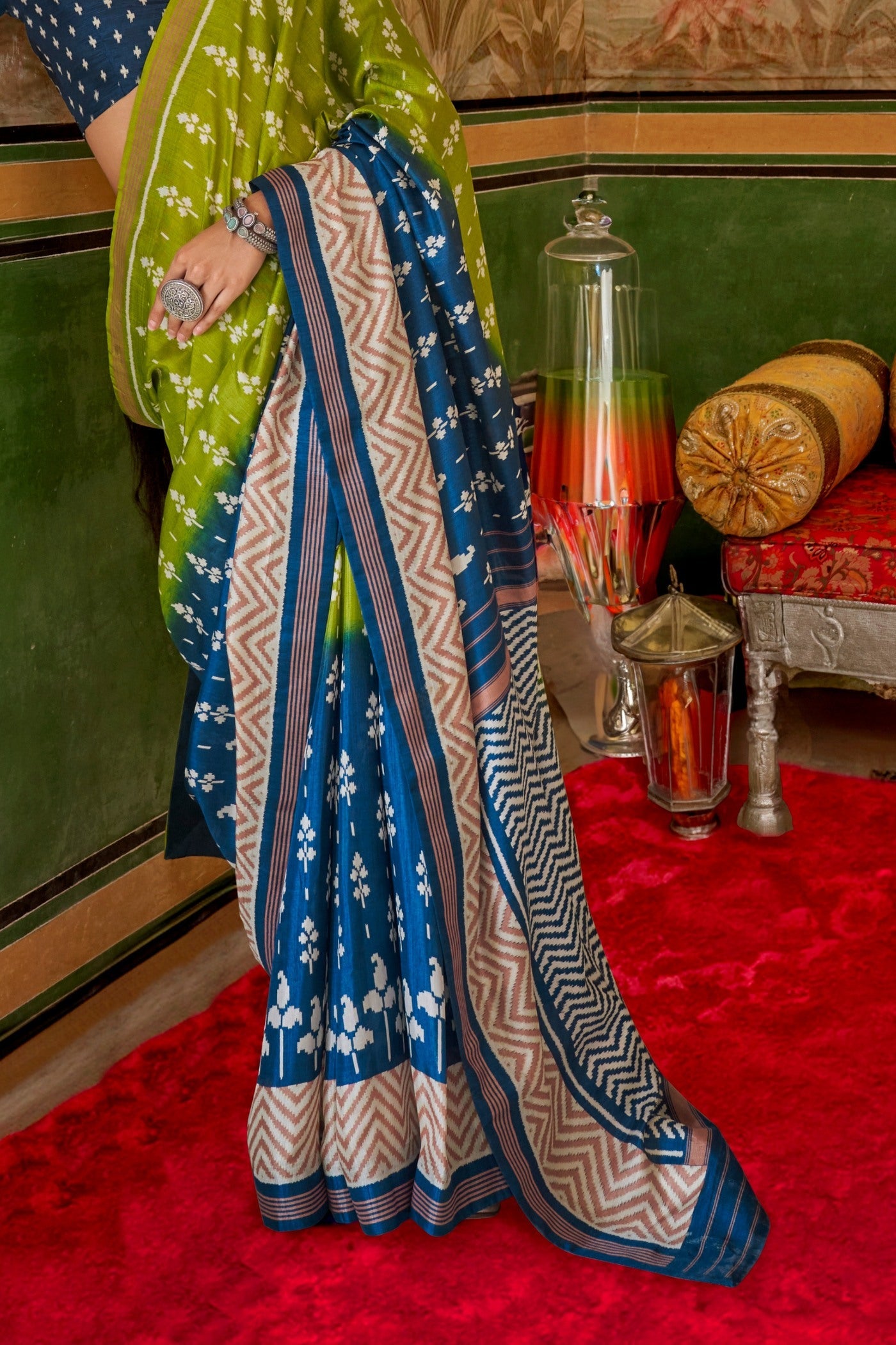 Pine Yellow and Blue Printed Patola Saree