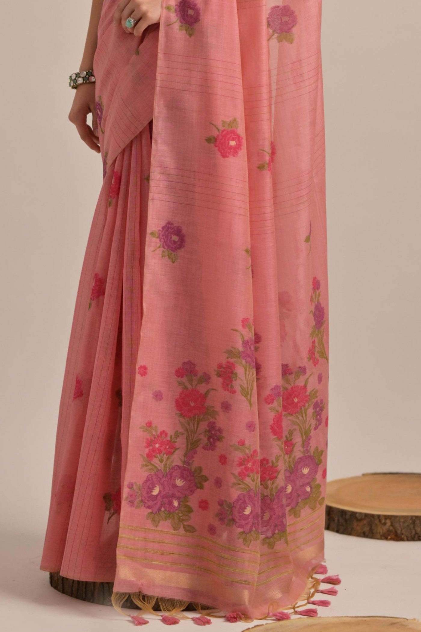 Flower Peach Floral Woven Muga Cotton Saree