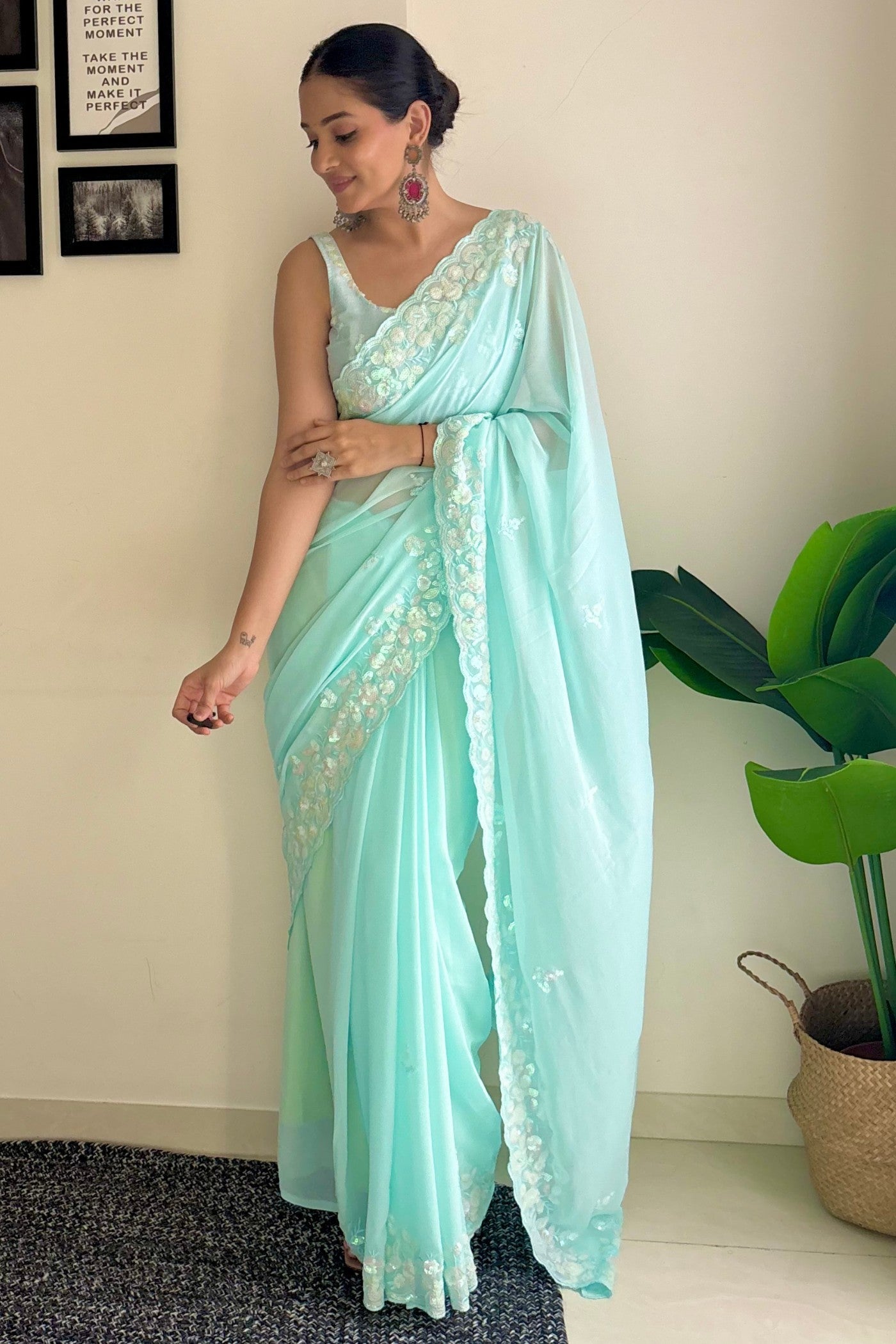 Morning Glory Blue Embroidery Georgette saree