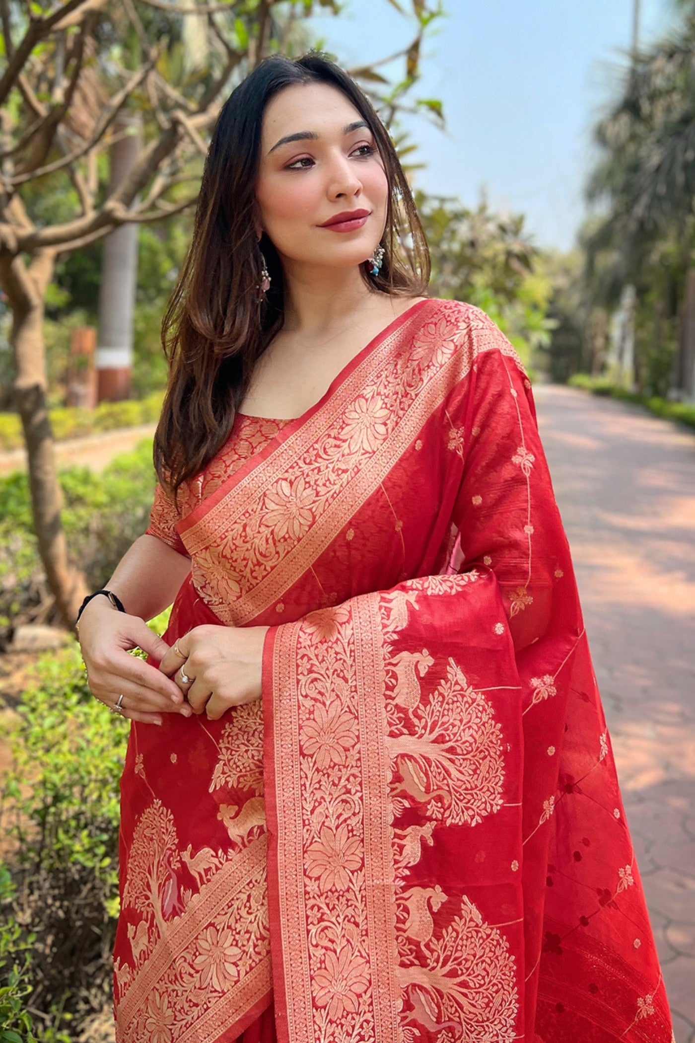 Rose Red Zari Woven Organza Saree