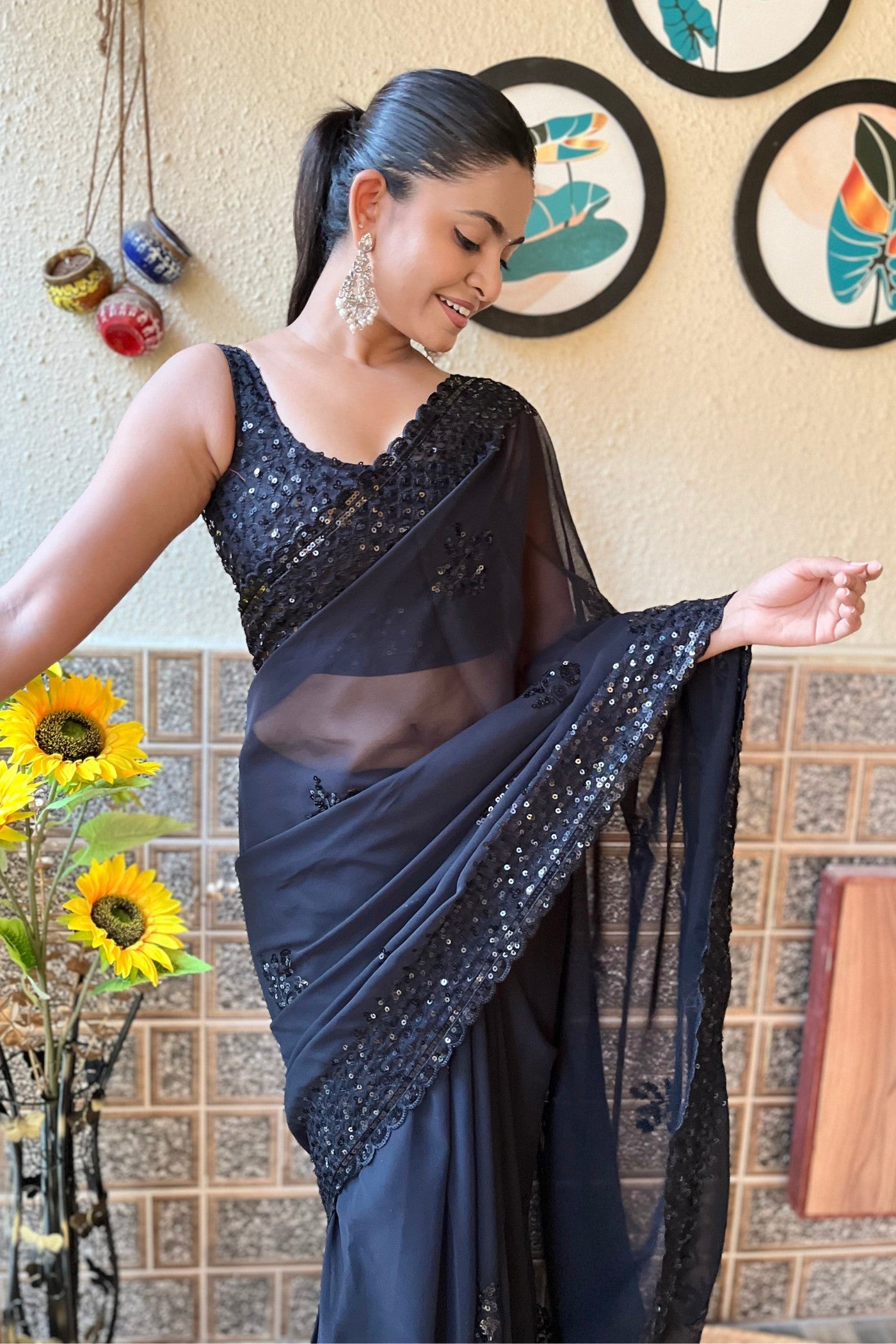 Persian Lily Black Embroidery Georgette saree